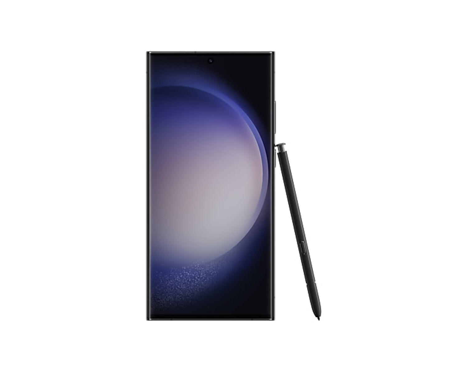 Samsung Galaxy S23 Ultra-Telefon mit Stift, vor weißem Hintergrund. Der Bildschirm ist an.