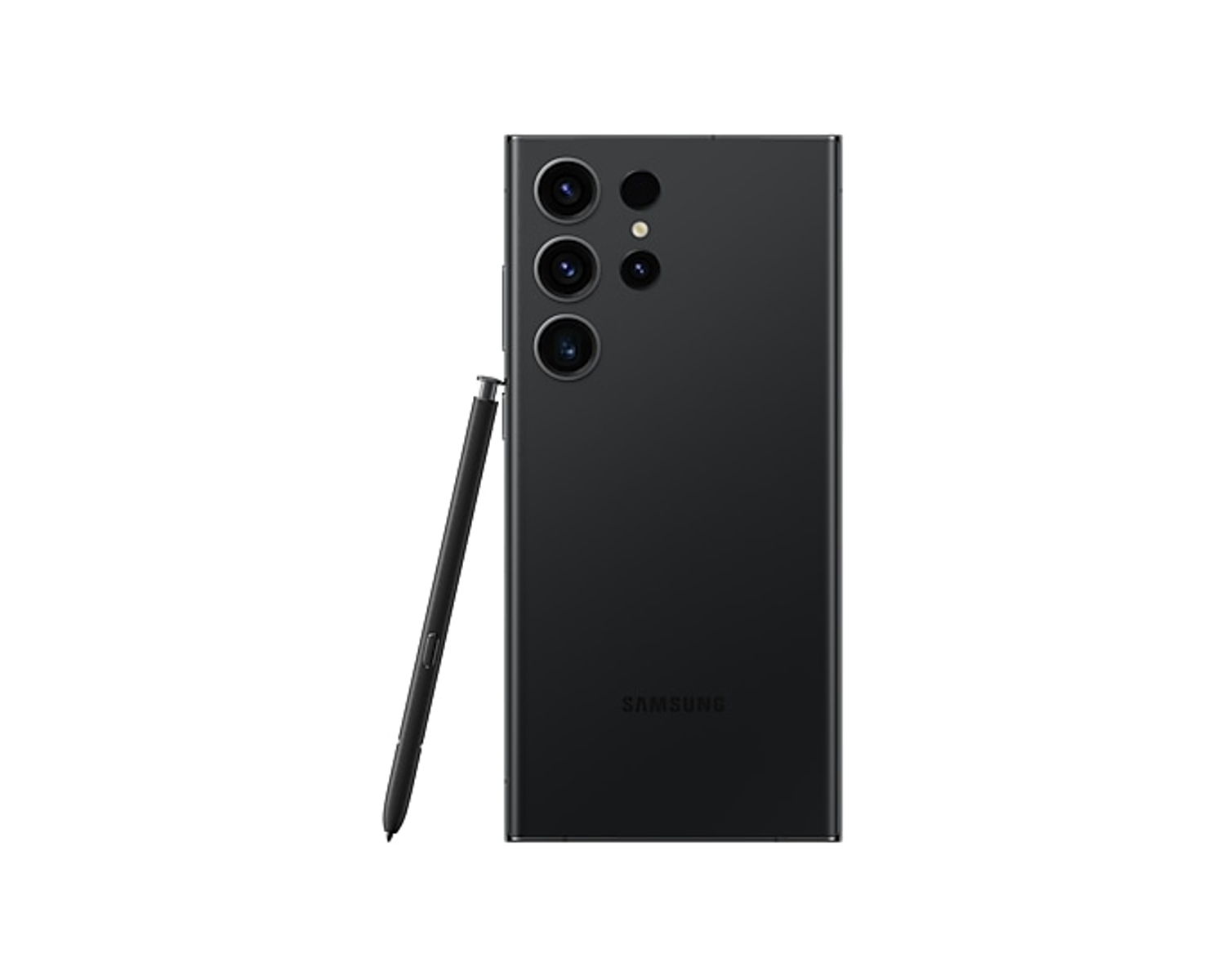 Czarny telefon Samsung z wieloma tylnymi aparatami i rysikiem. Telefon jest na białym tle.