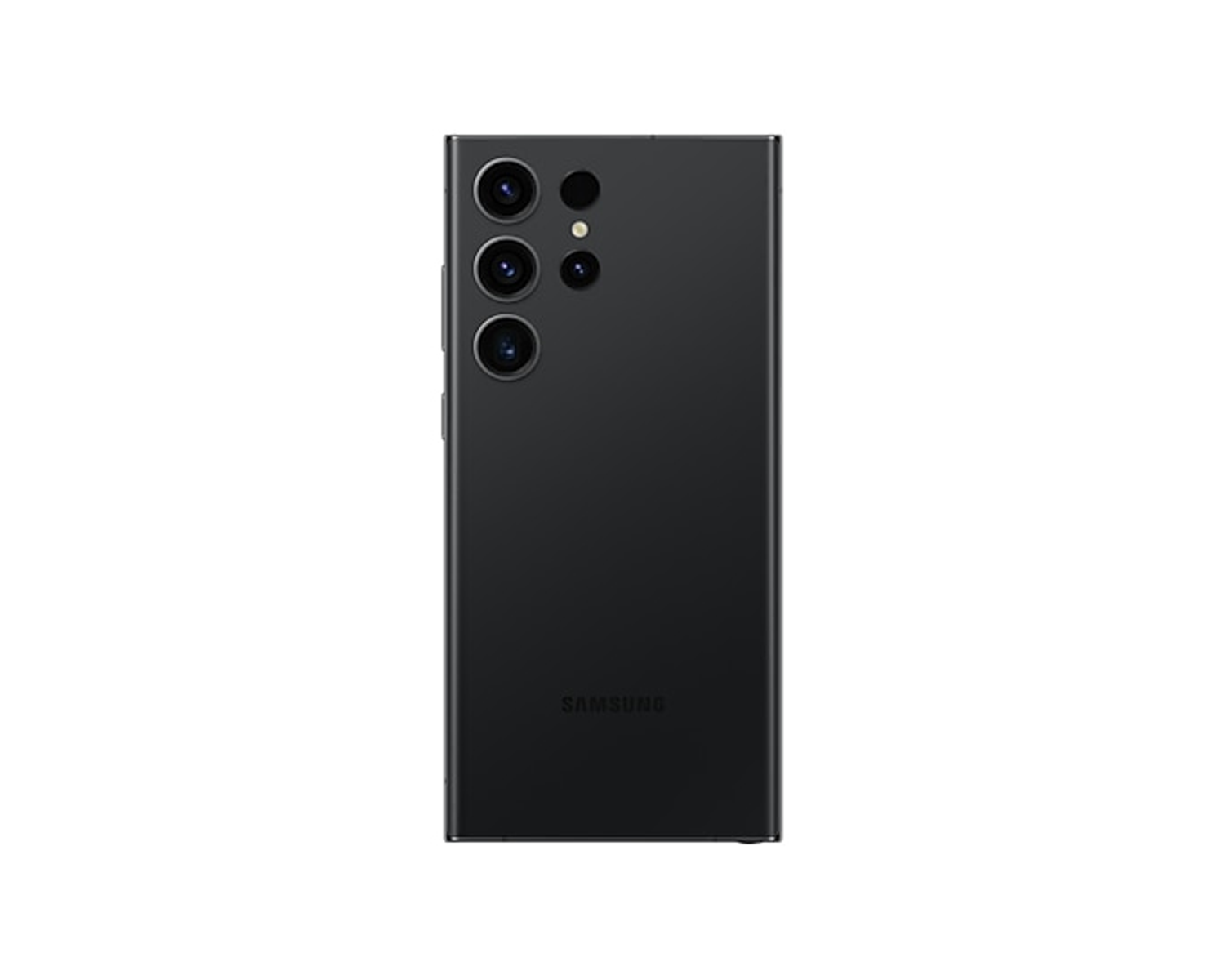 Rückansicht eines schwarzen Smartphones mit mehreren Kameralinsen, isoliert vor weißem Hintergrund.