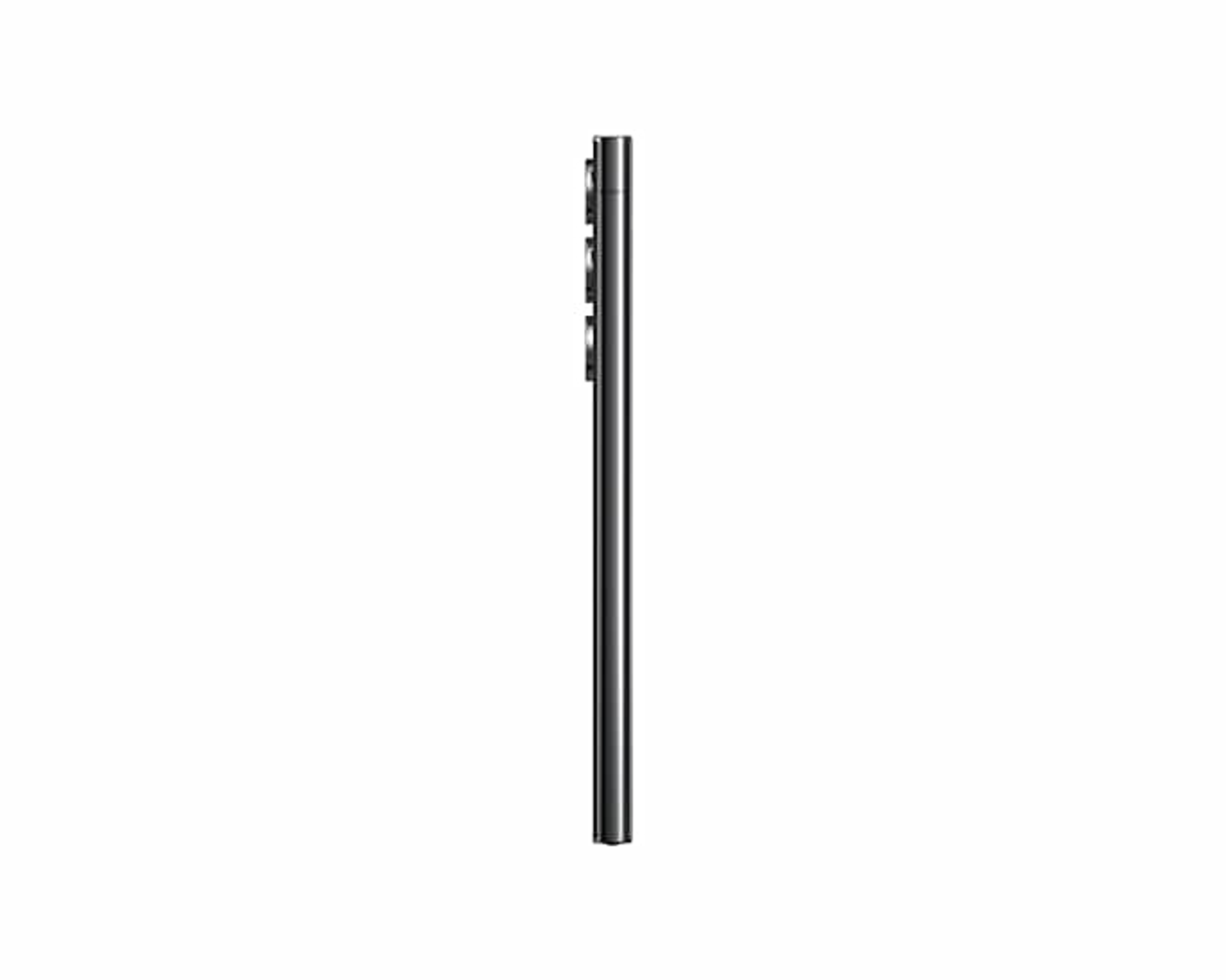 Seitenansicht eines schwarzen Smartphones, schlankes Design, Kamera auf der Rückseite.