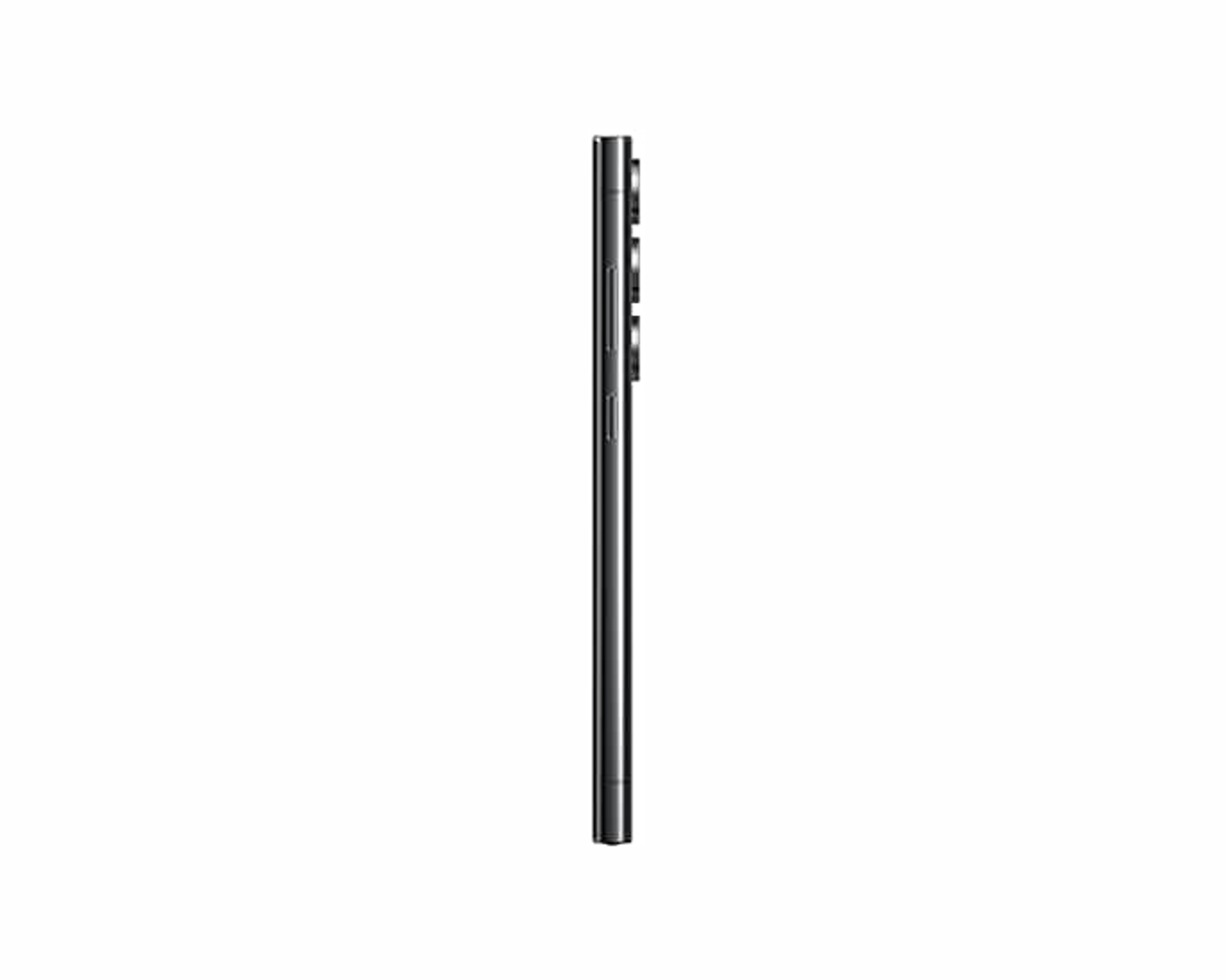 Seitenansicht eines schwarzen Smartphones mit mehreren Tasten, weißer Hintergrund.