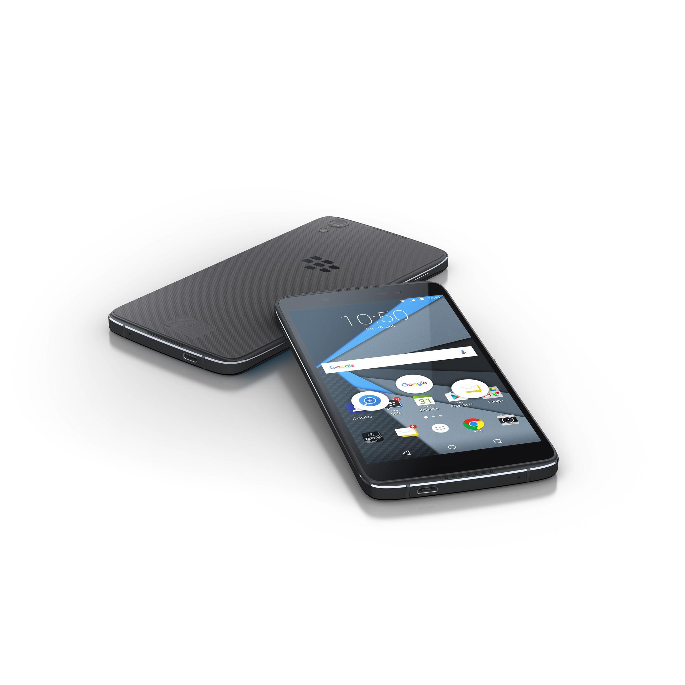 Zwei schwarze Smartphones. Eines auf dem Rücken, das andere zeigt den Bildschirm.