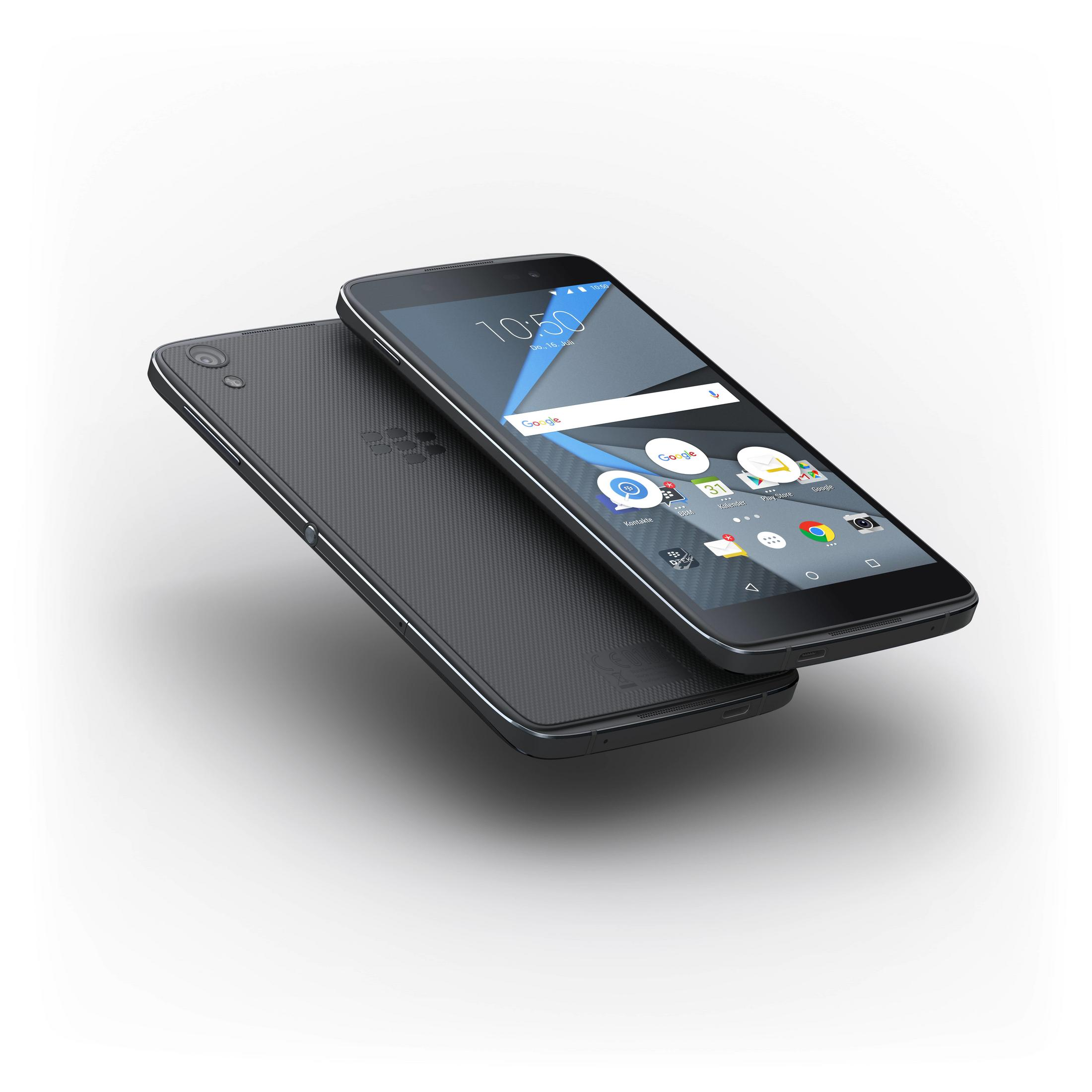 Zwei schwarze Smartphones, eines über dem anderen. Das obere Telefon zeigt den Bildschirm.