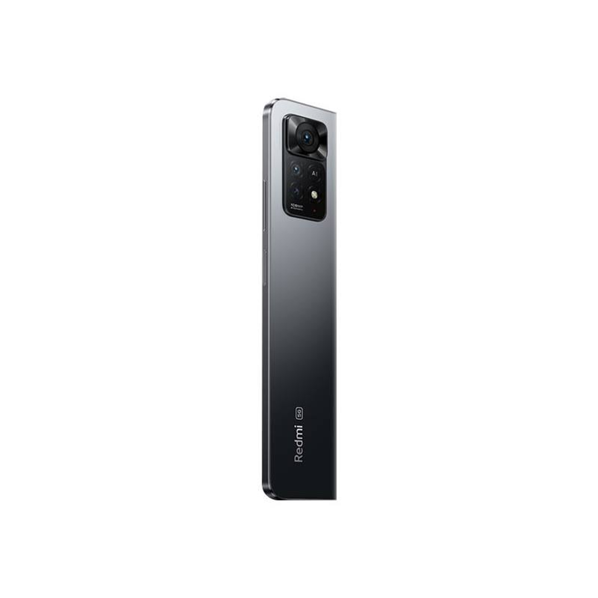 Teléfono Redmi gris oscuro, vista lateral, con protuberancia de cámara. El teléfono tiene pantalla negra, fondo blanco.