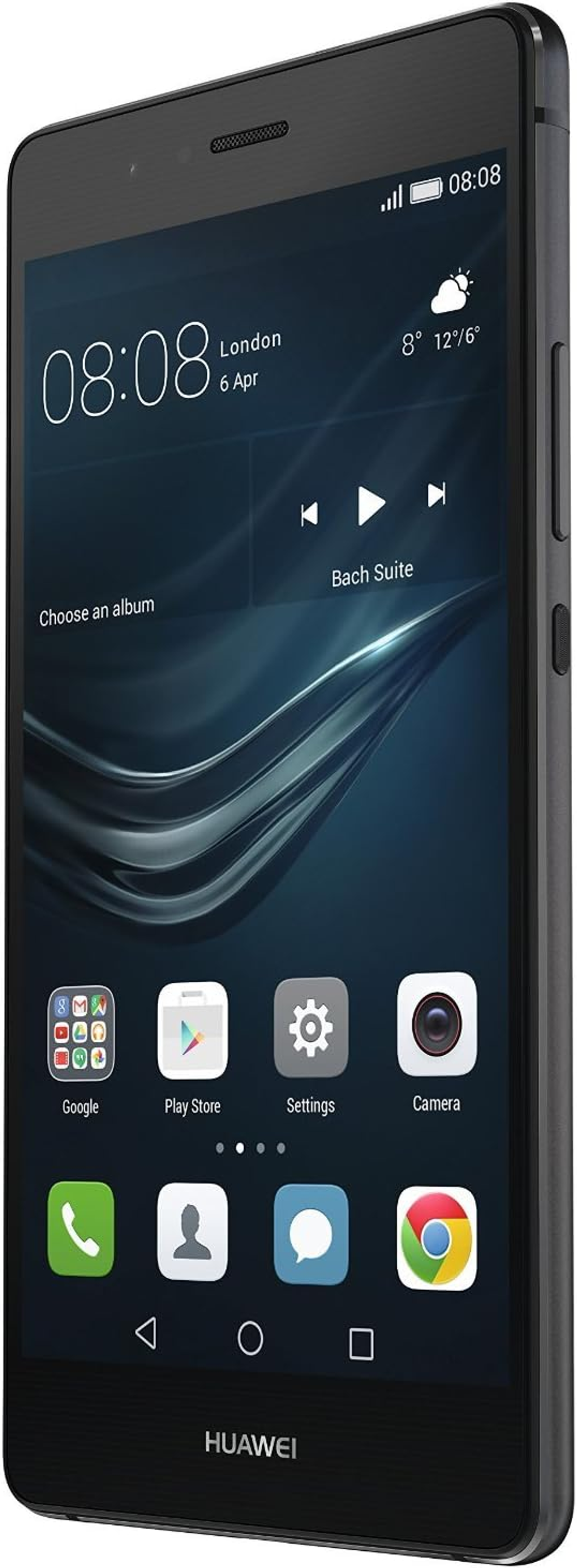 Ein schwarzes Huawei-Telefon zeigt sein Display mit Symbolen. Der Bildschirm zeigt Uhrzeit, Datum und Musiksteuerung. Das Telefon ist schwarz.