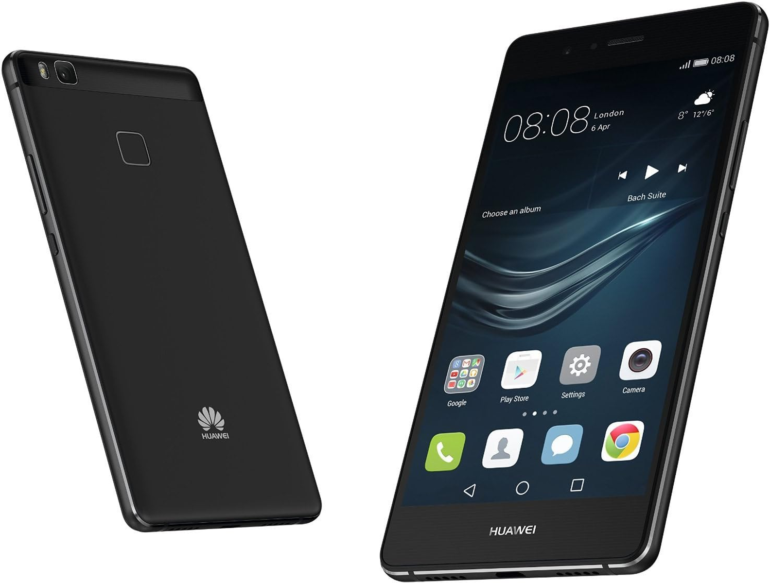 Schwarzes Smartphone, das den Startbildschirm und die Rückseite mit Huawei-Logo zeigt.