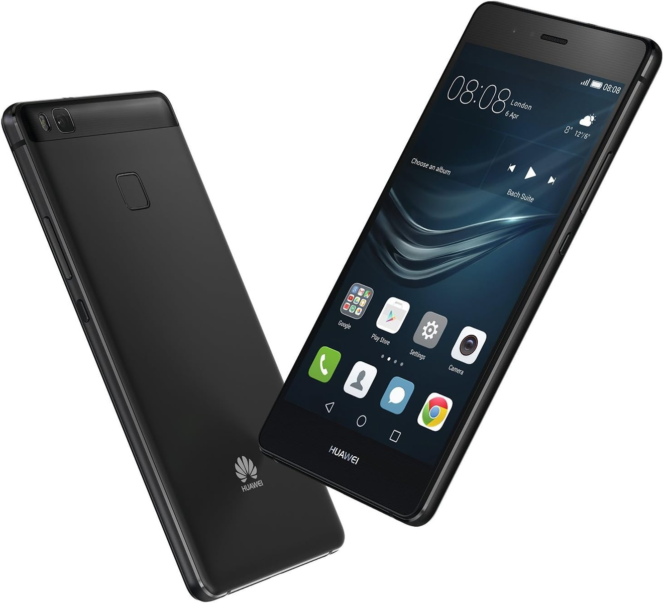Zwei schwarze Smartphones, eins mit Icons auf dem Bildschirm, das andere die Rückseite.
