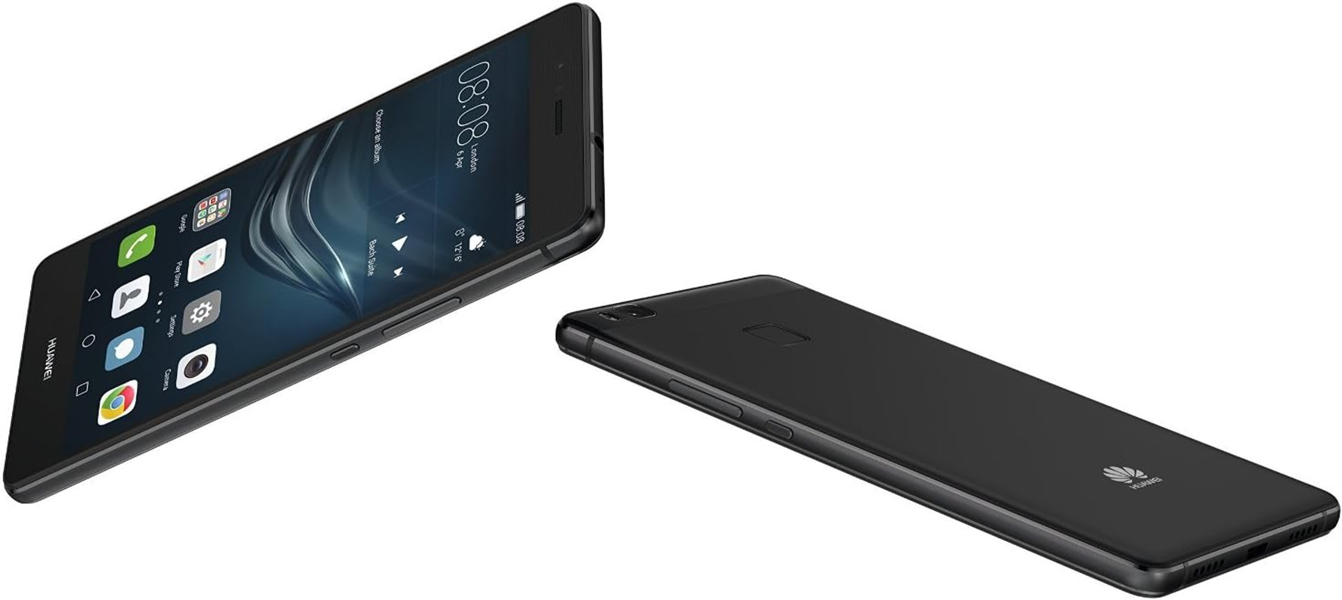 Zwei schwarze Smartphones, eines zeigt Apps, das andere die Rückseite.