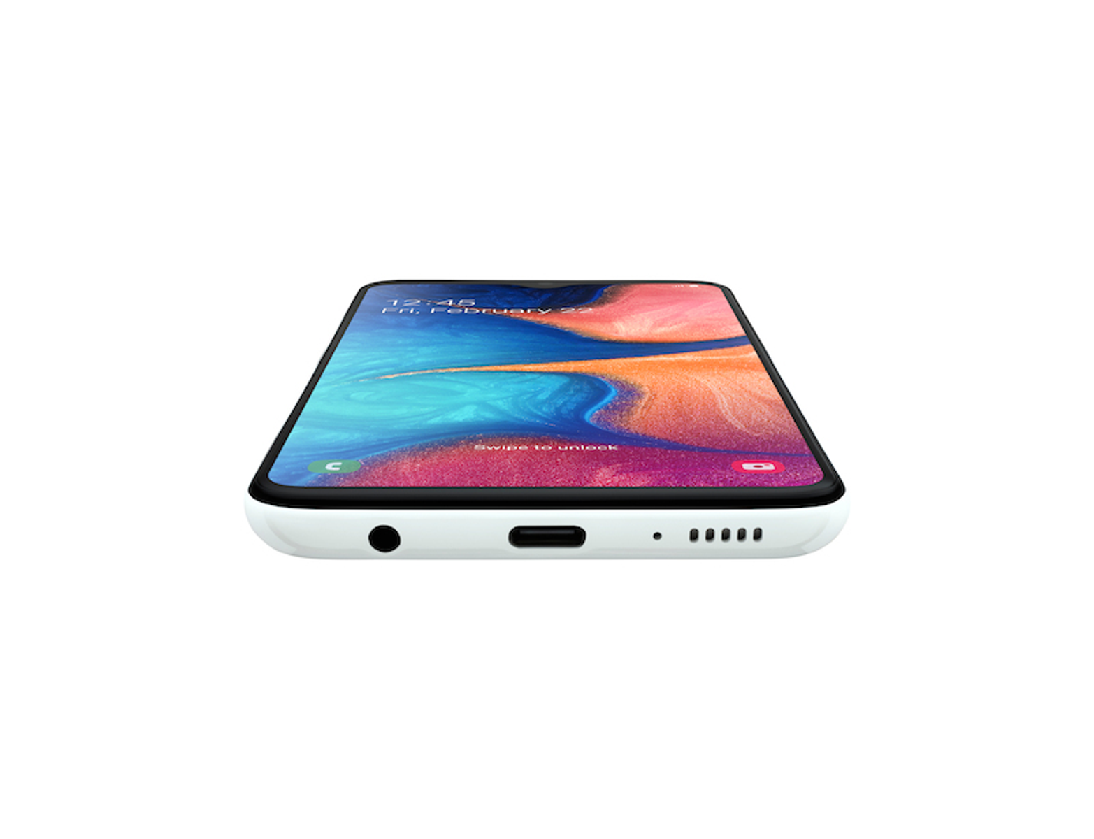 Ein Smartphone auf weißem Untergrund, dessen Bildschirm ein abstraktes, farbenfrohes Bild zeigt.