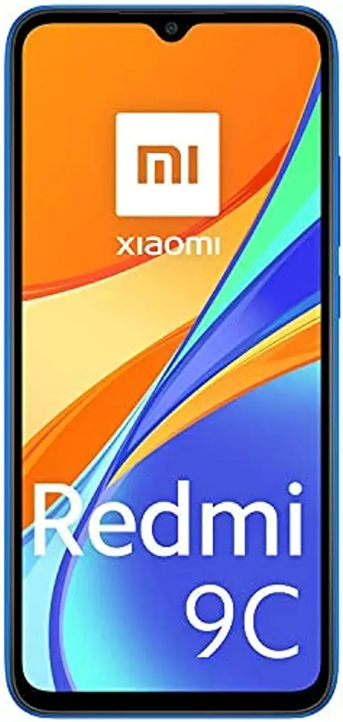Niebieski telefon Xiaomi Redmi 9C. Pomarańczowy ekran wyświetla logo Xiaomi, z tekstem Redmi 9C.