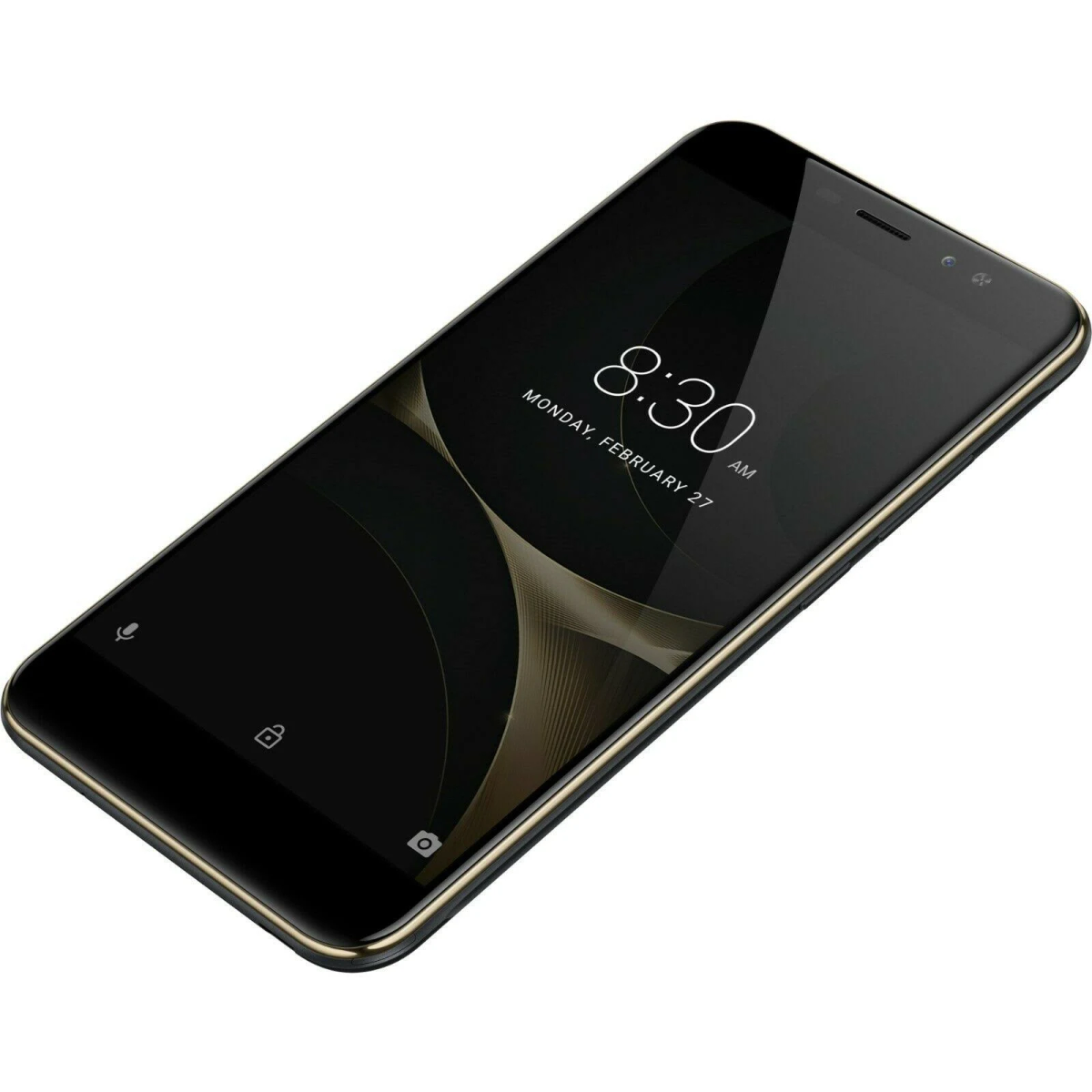 Uno smartphone nero che mostra l'ora 8:30, con una cornice color oro.