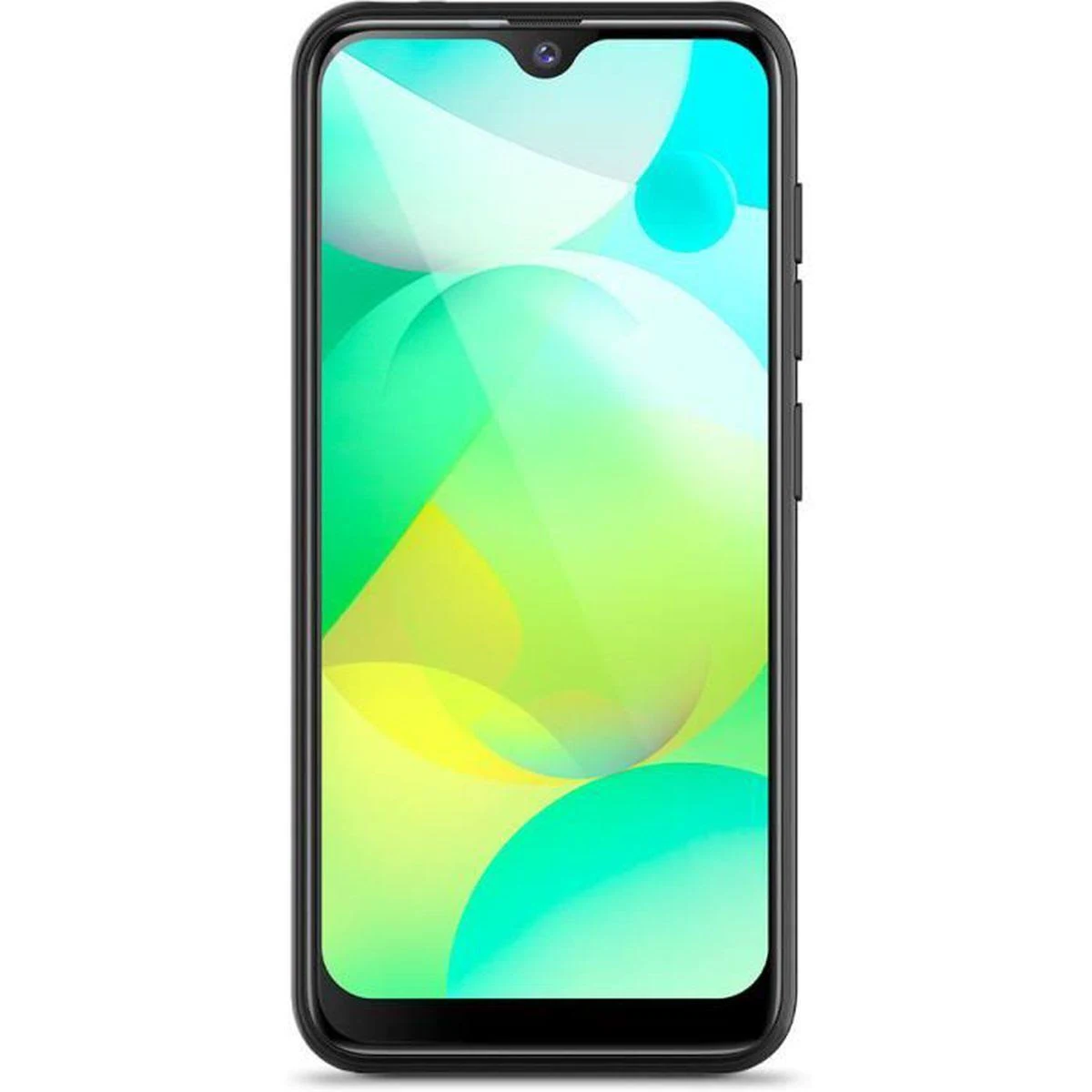 Smartphone negro con muesca en forma de gota. Pantalla muestra fondo abstracto verde y blanco.