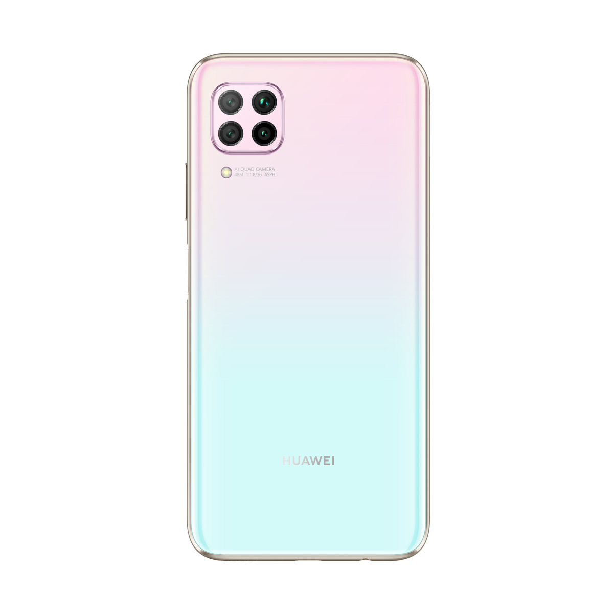 Weißes Smartphone, Rückseite abgewinkelt, mit Kamera und Fingerabdrucksensor. Weißer Hintergrund.