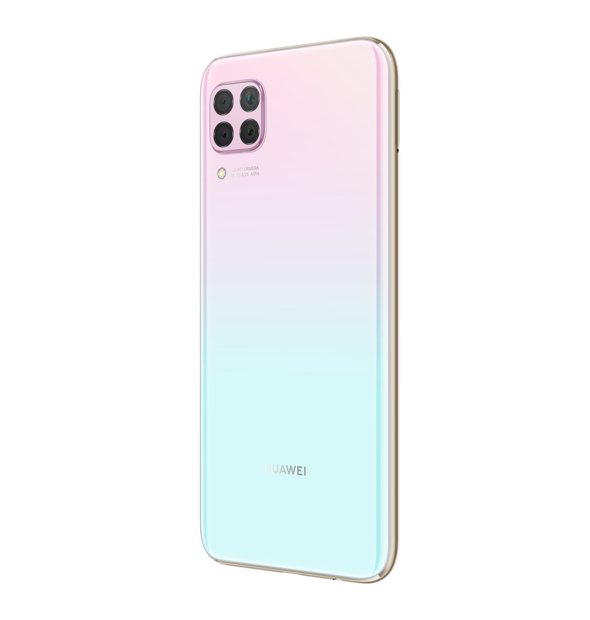 Ein Smartphone in einem Farbverlauf, weiß zu blau-grün. Die Rückseite hat Kameras. Weißer Hintergrund.