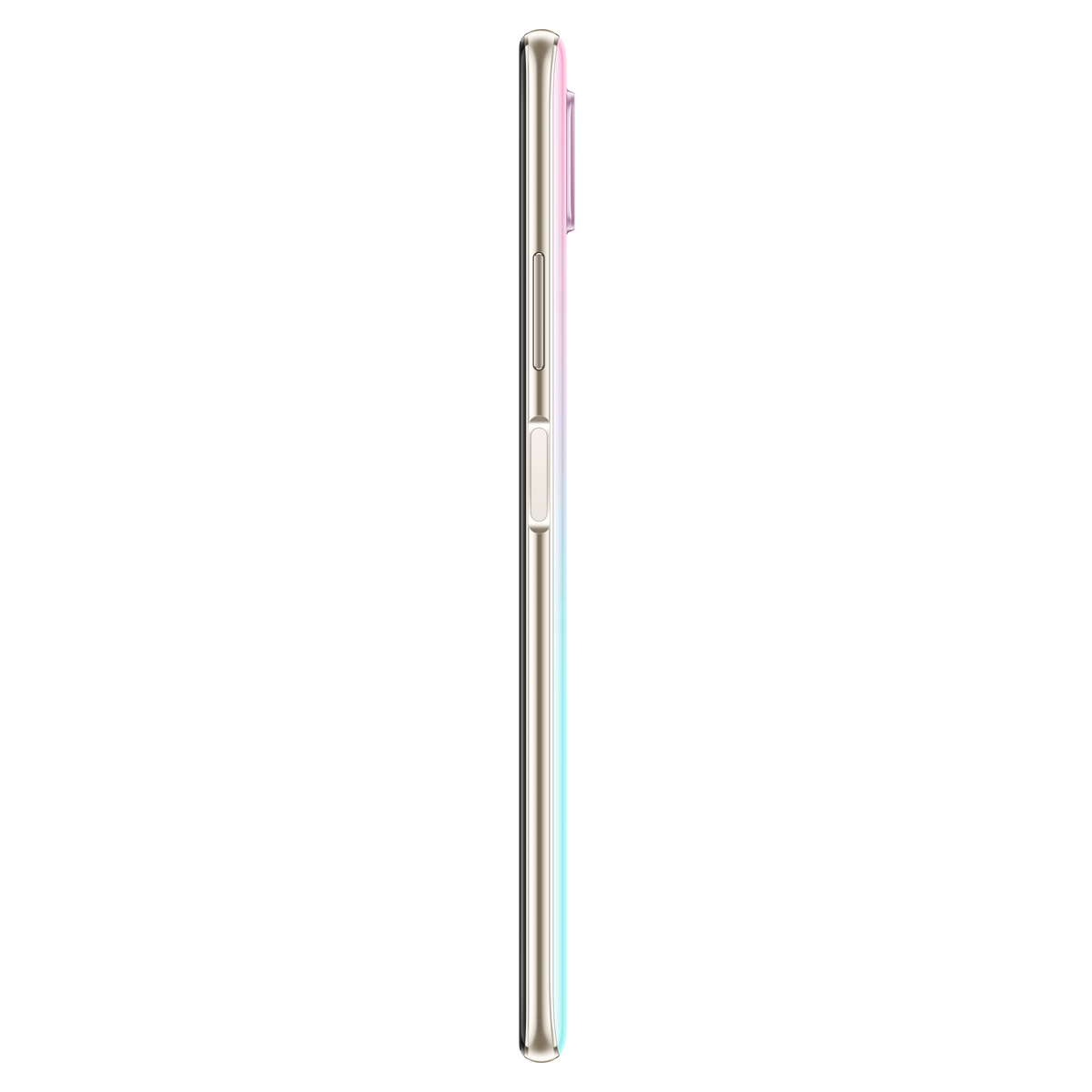 Seitenansicht eines Smartphones. Es ist goldfarben und hat eine farbenfrohe Rückseite.