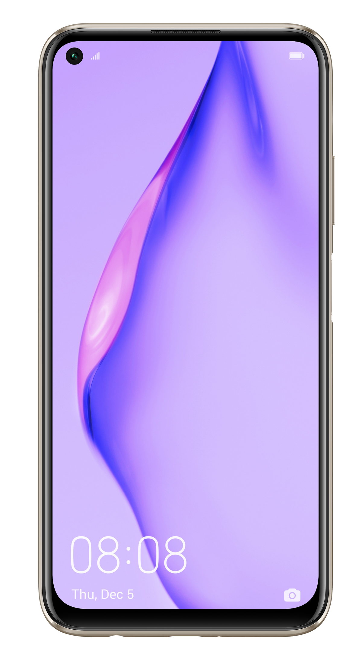 Ein Smartphone mit lila Bildschirm, der die Uhrzeit anzeigt. Das Telefon ist goldfarben.