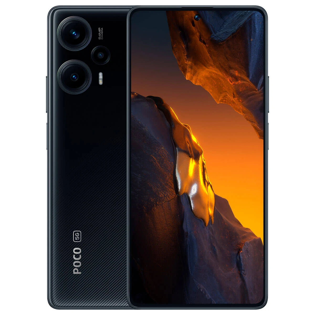Siyah akıllı telefon, çoklu arka kameralar, POCO logosu ve kayalık bir arka plan.