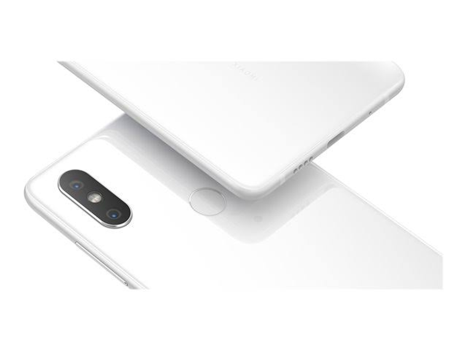 Zwei weiße Smartphones, eines über dem anderen. Zeigen Kameras und einen Fingerabdrucksensor.