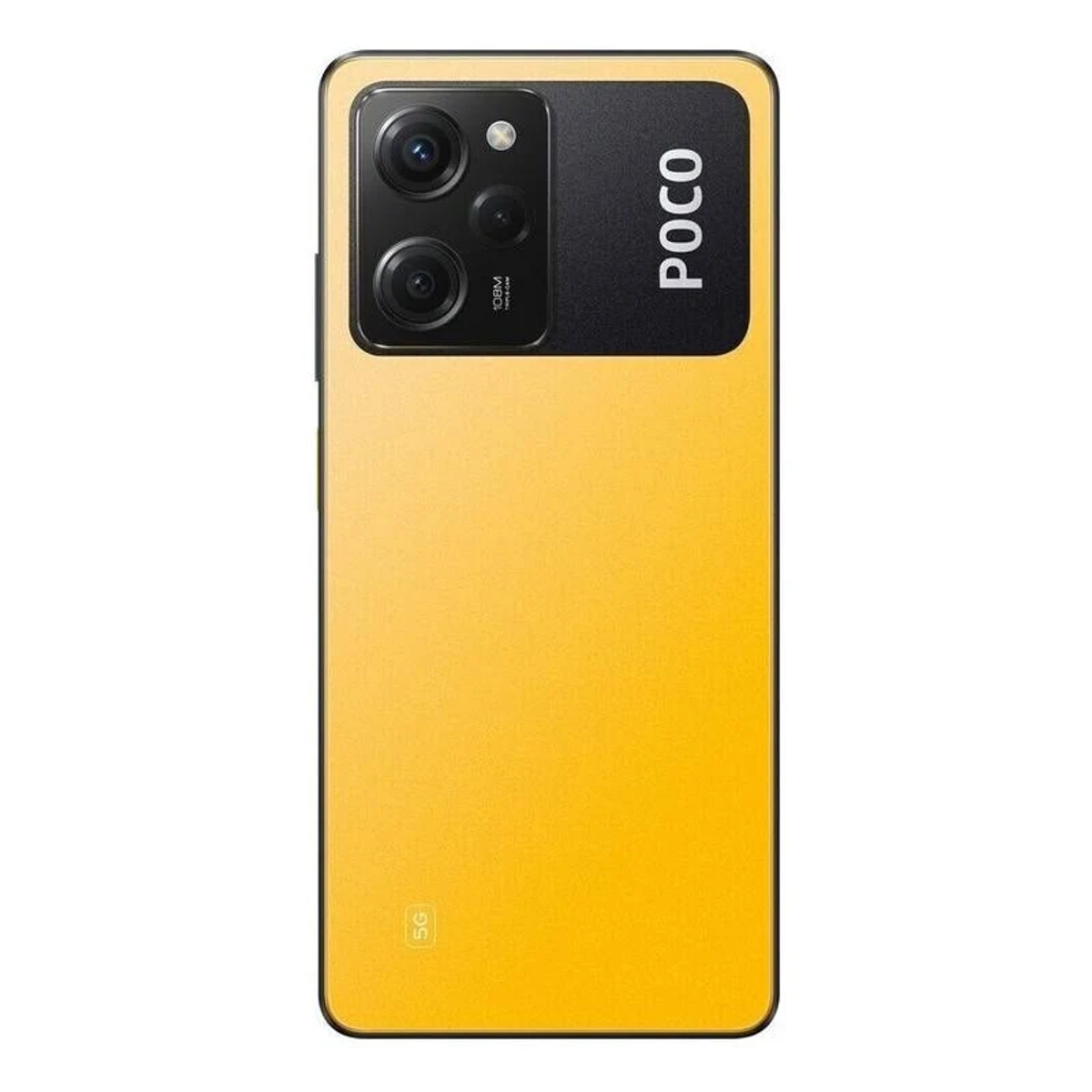 Téléphone jaune avec une configuration à triple caméra et le mot POCO.