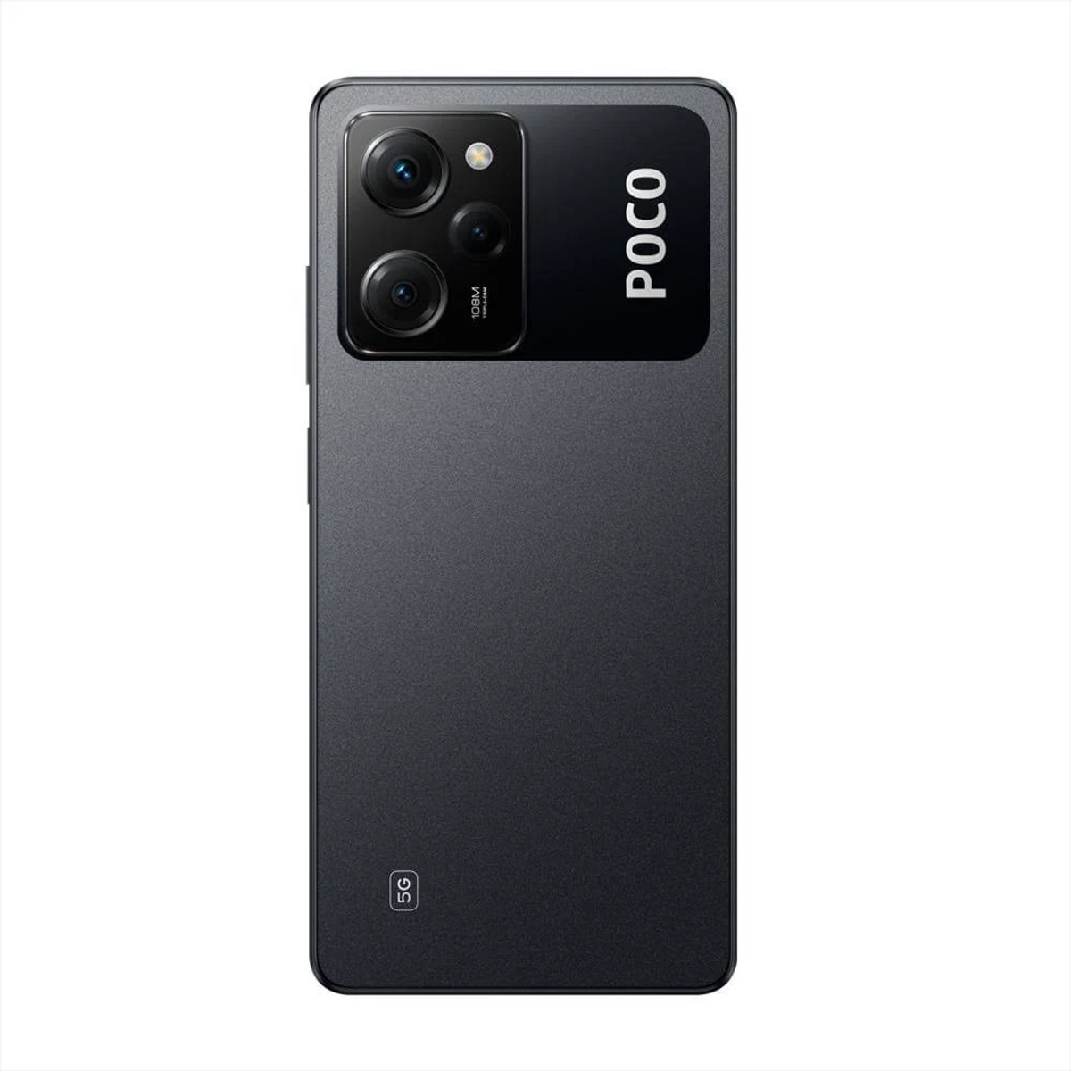 Dos de smartphone noir. Objectifs de caméra, logo POCO et symbole 5G visibles.