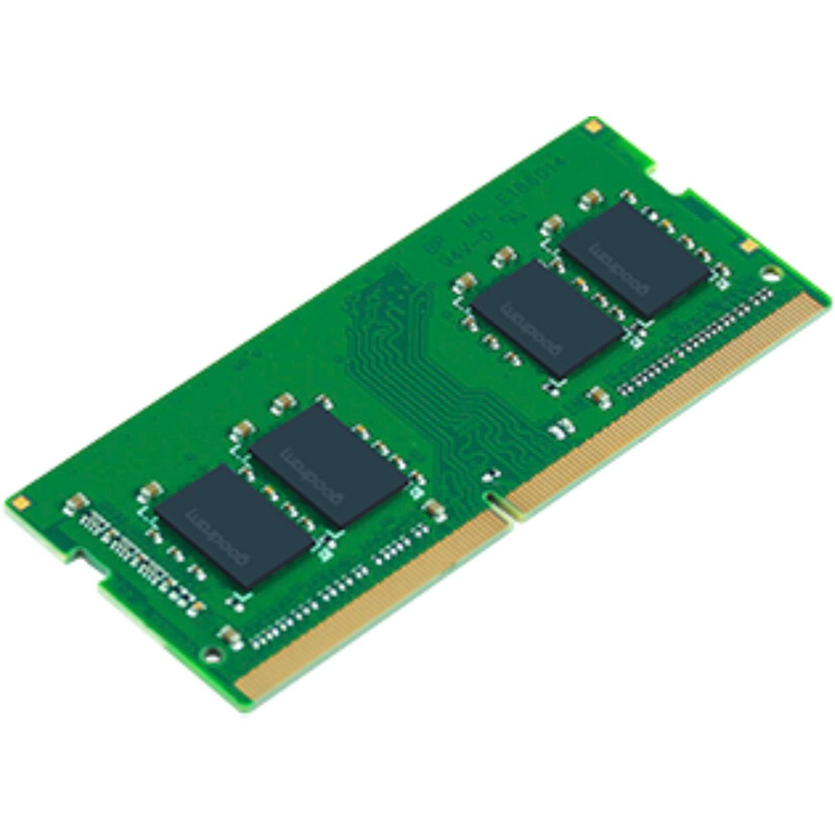 Módulo RAM verde con cuatro chips RAM negros. El módulo está sobre fondo blanco.
