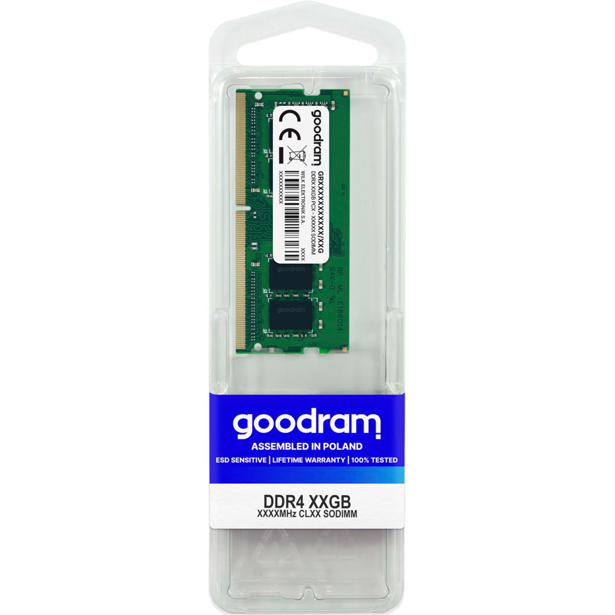 Un módulo de memoria RAM Goodram DDR4 XXGB en un paquete de plástico transparente con una etiqueta azul y blanca.