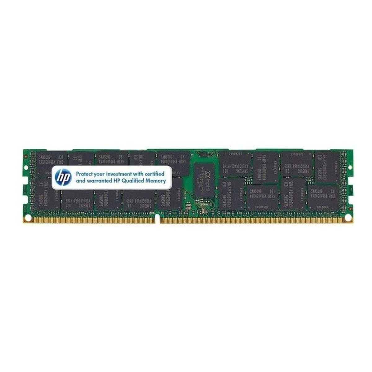 Stick RAM verde, marchio HP, con etichetta "Proteggi il tuo investimento con memoria HP certificata e garantita".