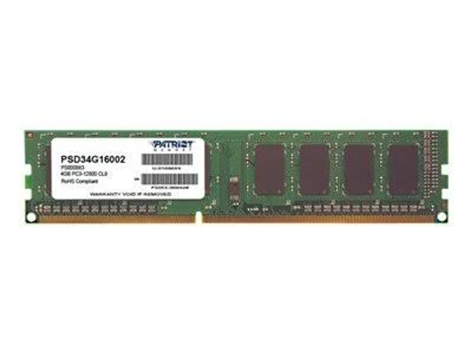 Modulo RAM verde con etichetta bianca. Visibile il marchio 'Patriot'.