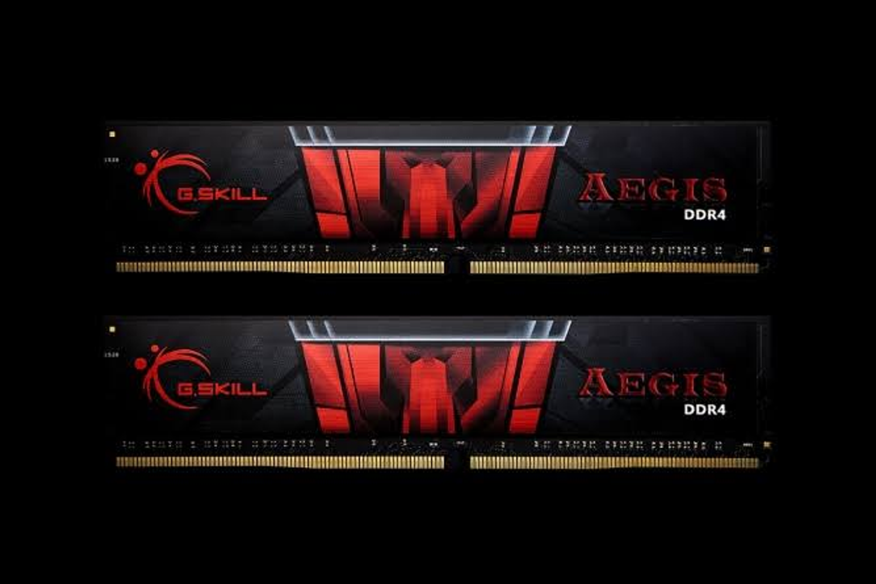 Dwa czarne moduły RAM z czerwonymi akcentami i tekstem 'AEGIS DDR4'.
