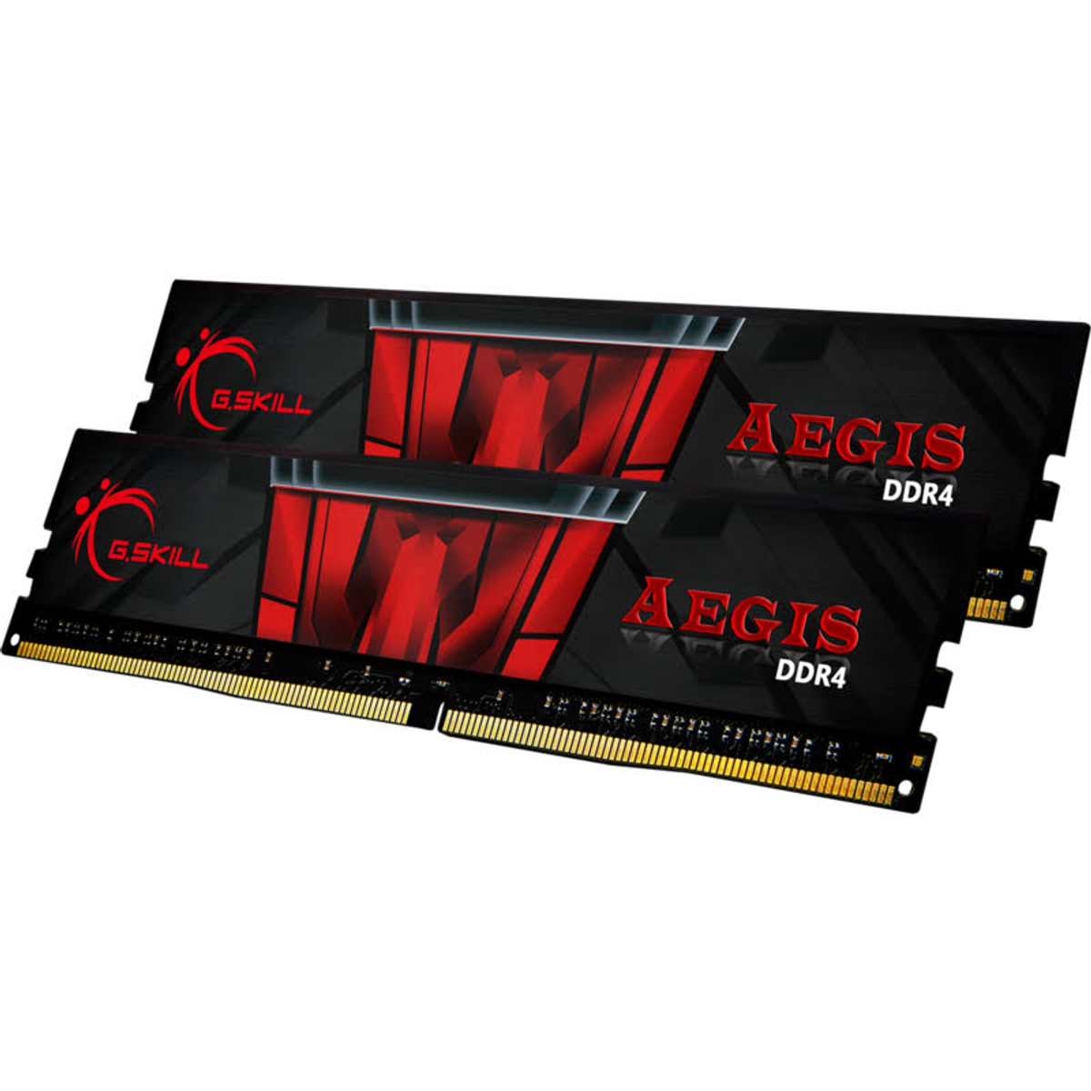 Dwa moduły pamięci RAM G.Skill AEGIS DDR4 w czarno-czerwonym designie.