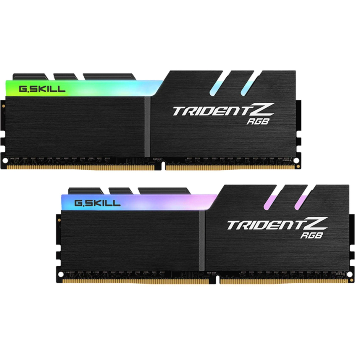 Dwie kości RAM G.Skill Trident Z RGB. Czarne z paskami świetlnymi RGB. Białe tło.