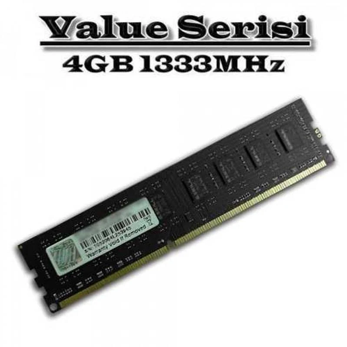 Stick RAM nero con etichetta e connettori dorati. Il testo sopra dice 'Value Serisi'. Sfondo bianco, vista angolata.