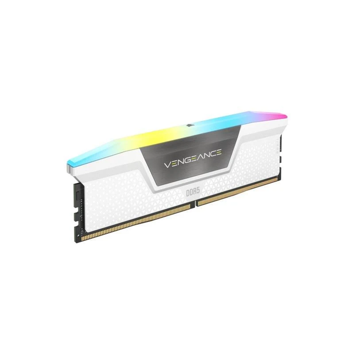 Kość RAM z białymi i kolorowymi akcentami. Widoczna etykieta Vengeance DDR5.