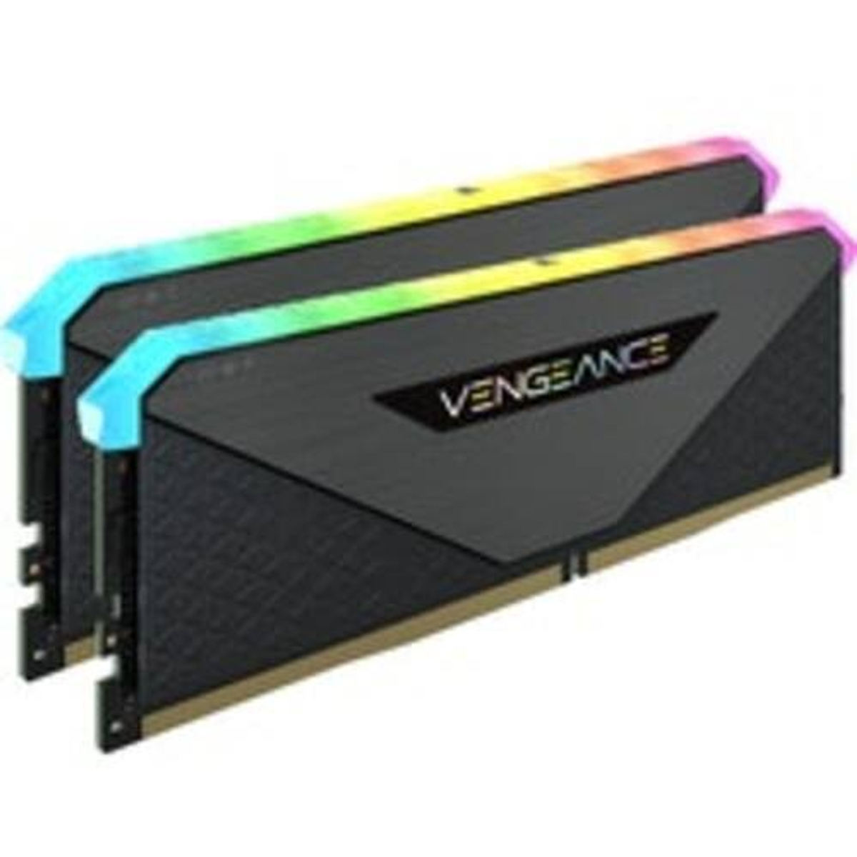 Dwa moduły RAM Corsair Vengeance z oświetleniem RGB, widok z kąta.