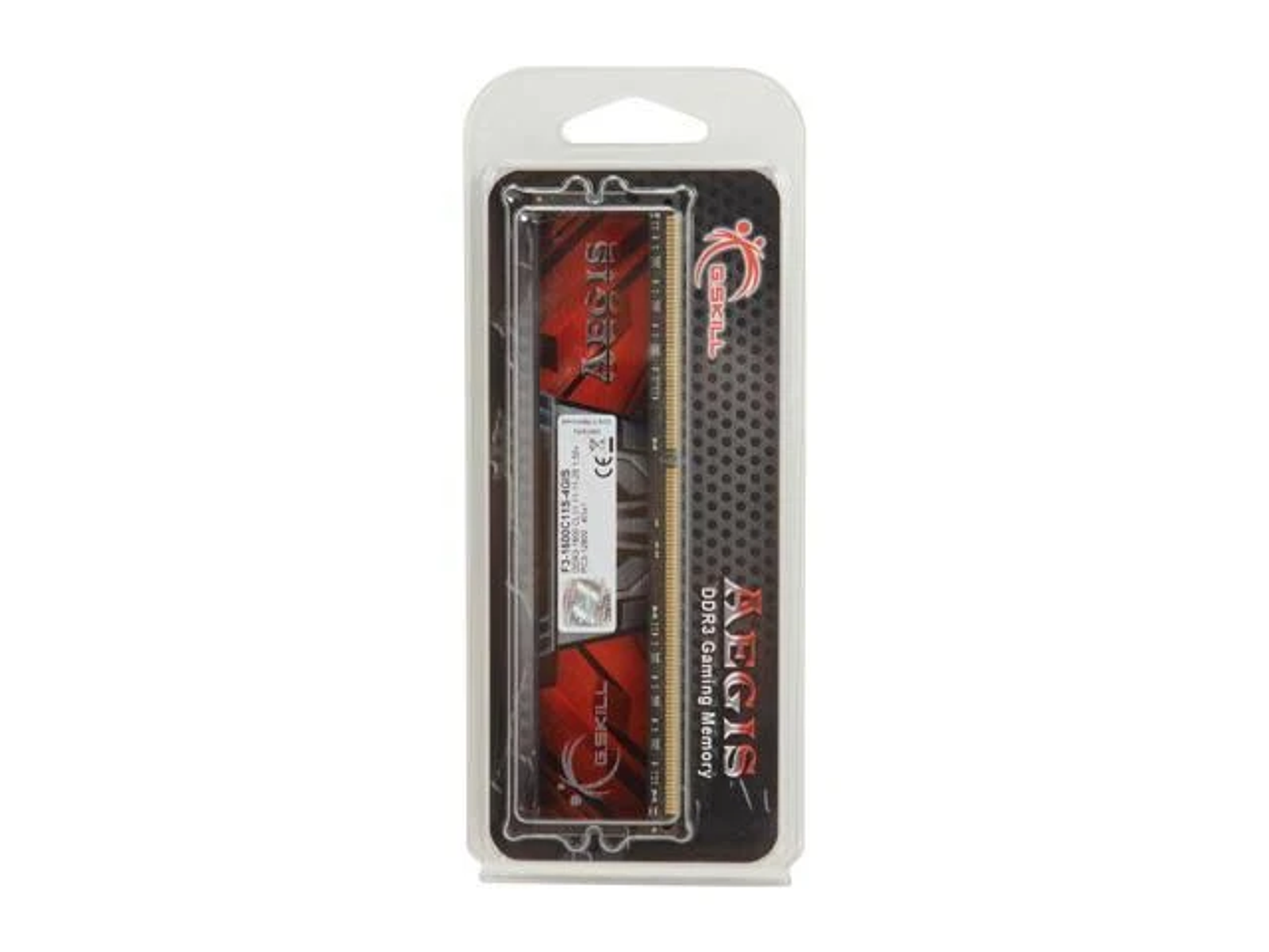 Een RAM-module in een plastic verpakking met een rood en zwart ontwerp.
