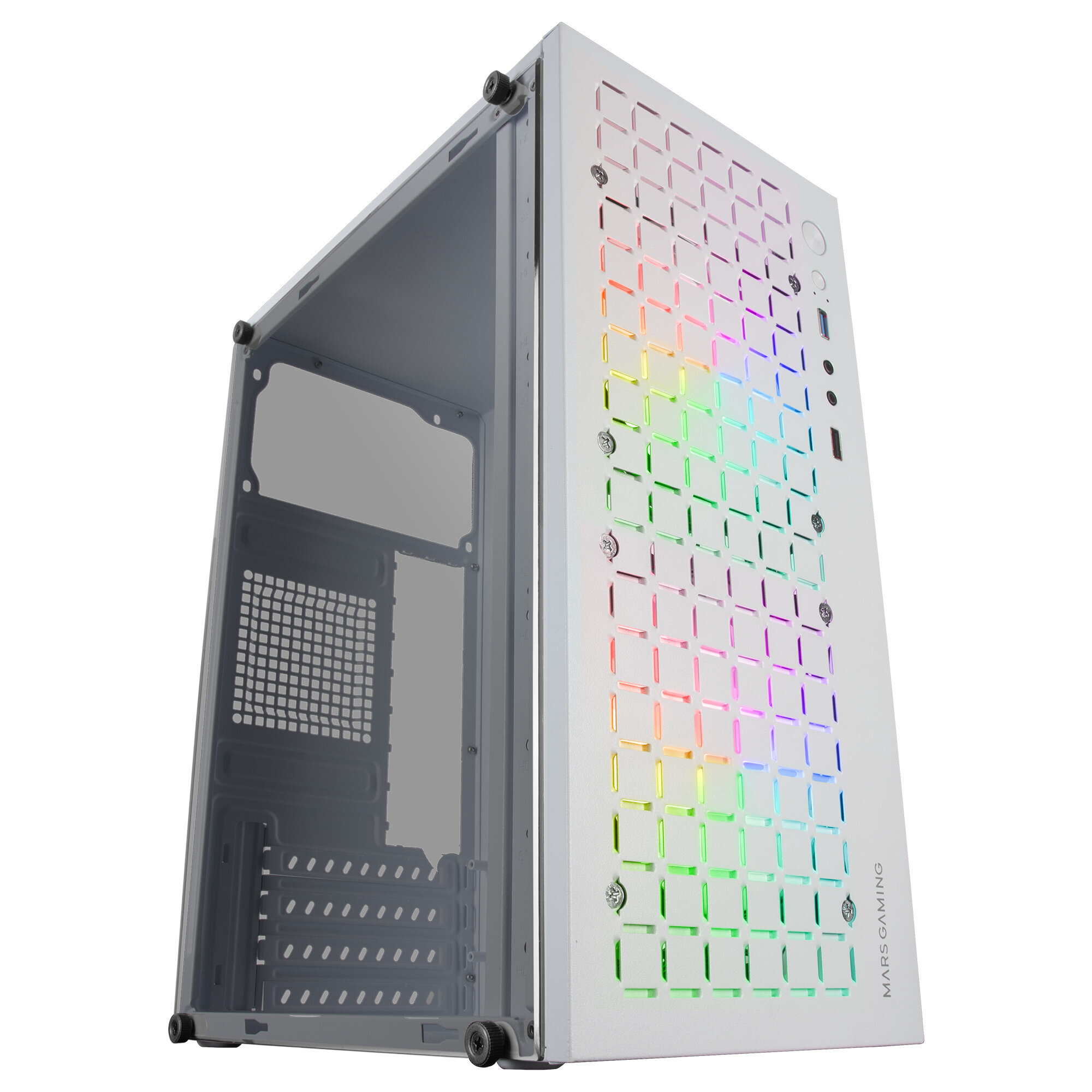 Biała obudowa PC ze szklanym panelem bocznym. Oświetlenie RGB z przodu. Logo MARS GAMING.