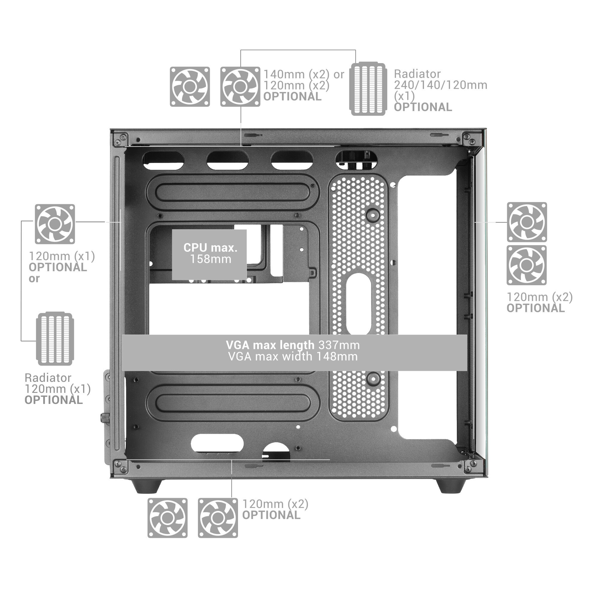 Schemat wnętrza obudowy PC, pokazujący rozmieszczenie wentylatorów i wymiary komponentów.
