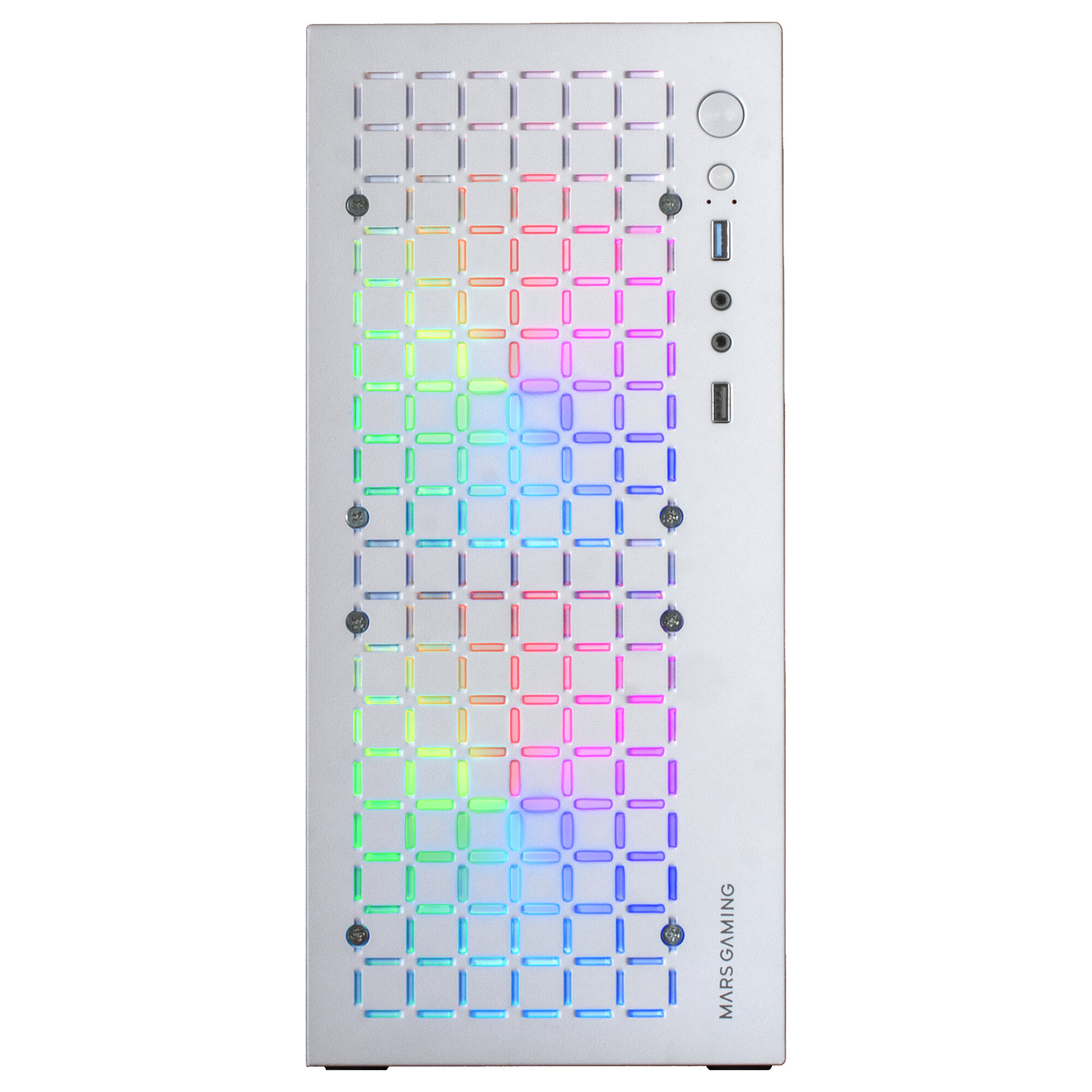 Srebrna obudowa PC z oświetleniem RGB, logo Mars Gaming. Posiada przyciski, porty USB i przycisk zasilania.