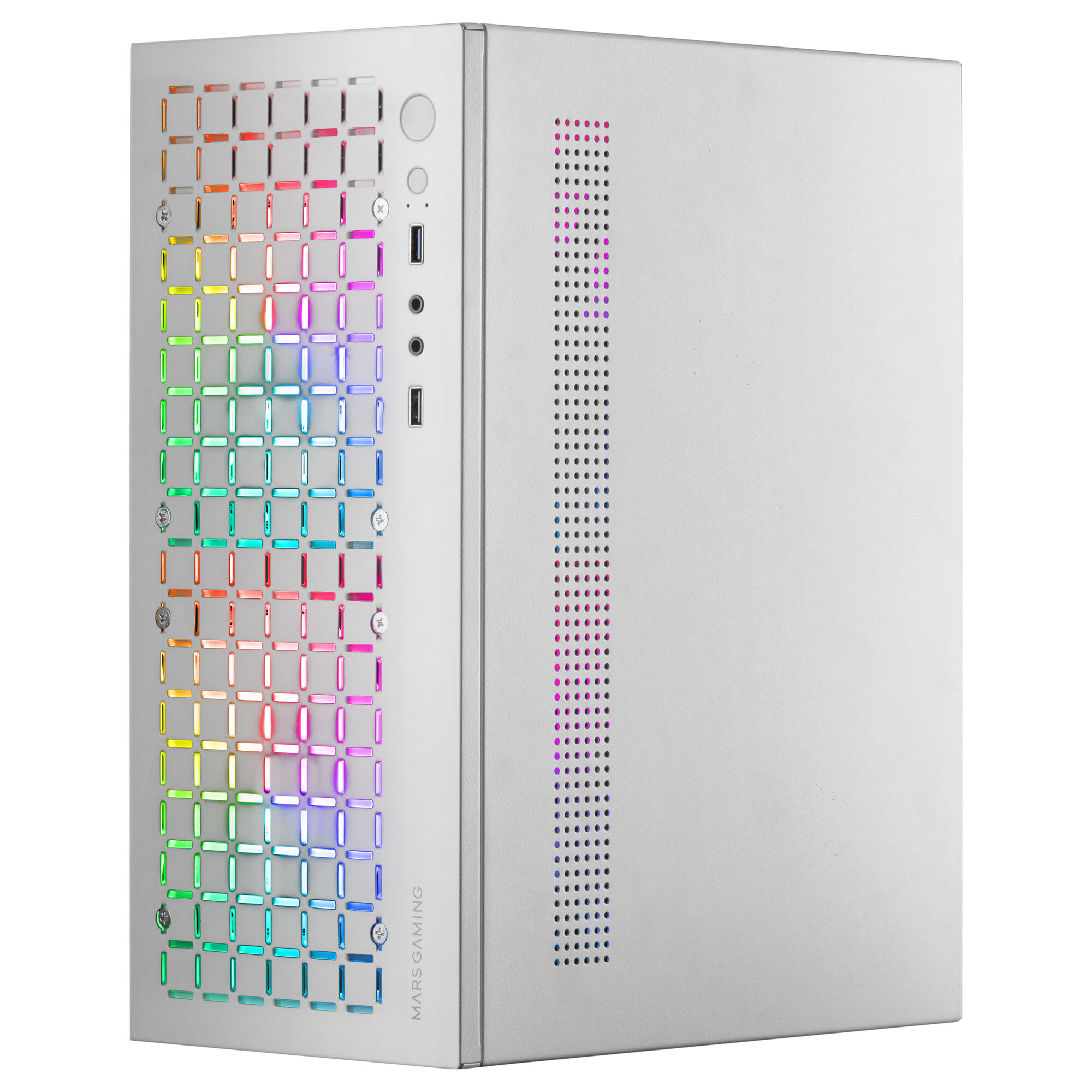 Biała obudowa komputera z kolorowymi światłami RGB na przednim panelu.