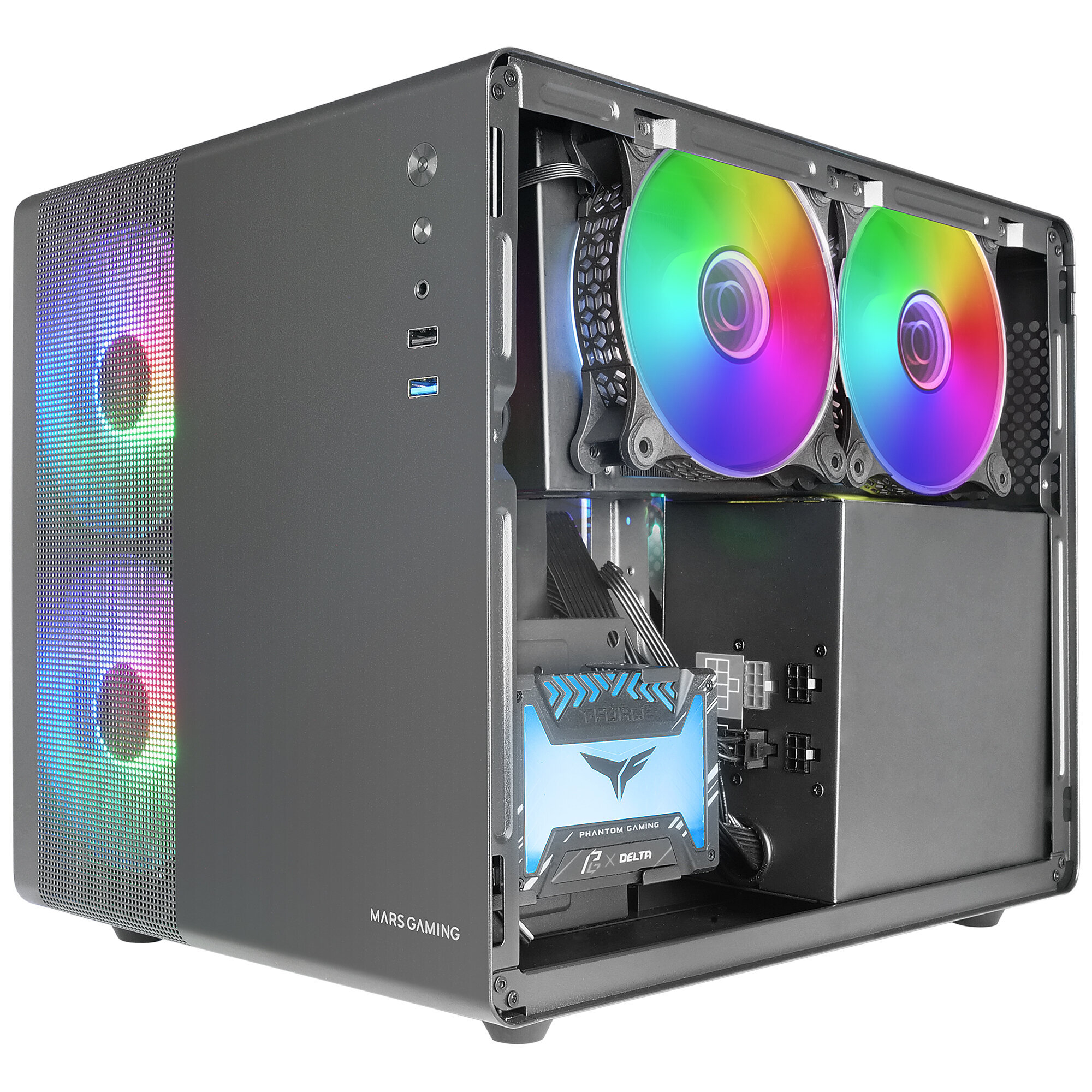Czarna obudowa komputera z wentylatorami RGB. Widoczne wewnętrzne komponenty.