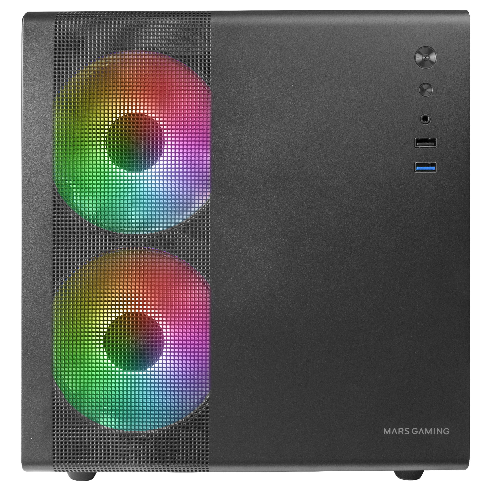 Czarna obudowa komputera z kolorowymi wentylatorami RGB. Obudowa ma przedni panel z siatki.