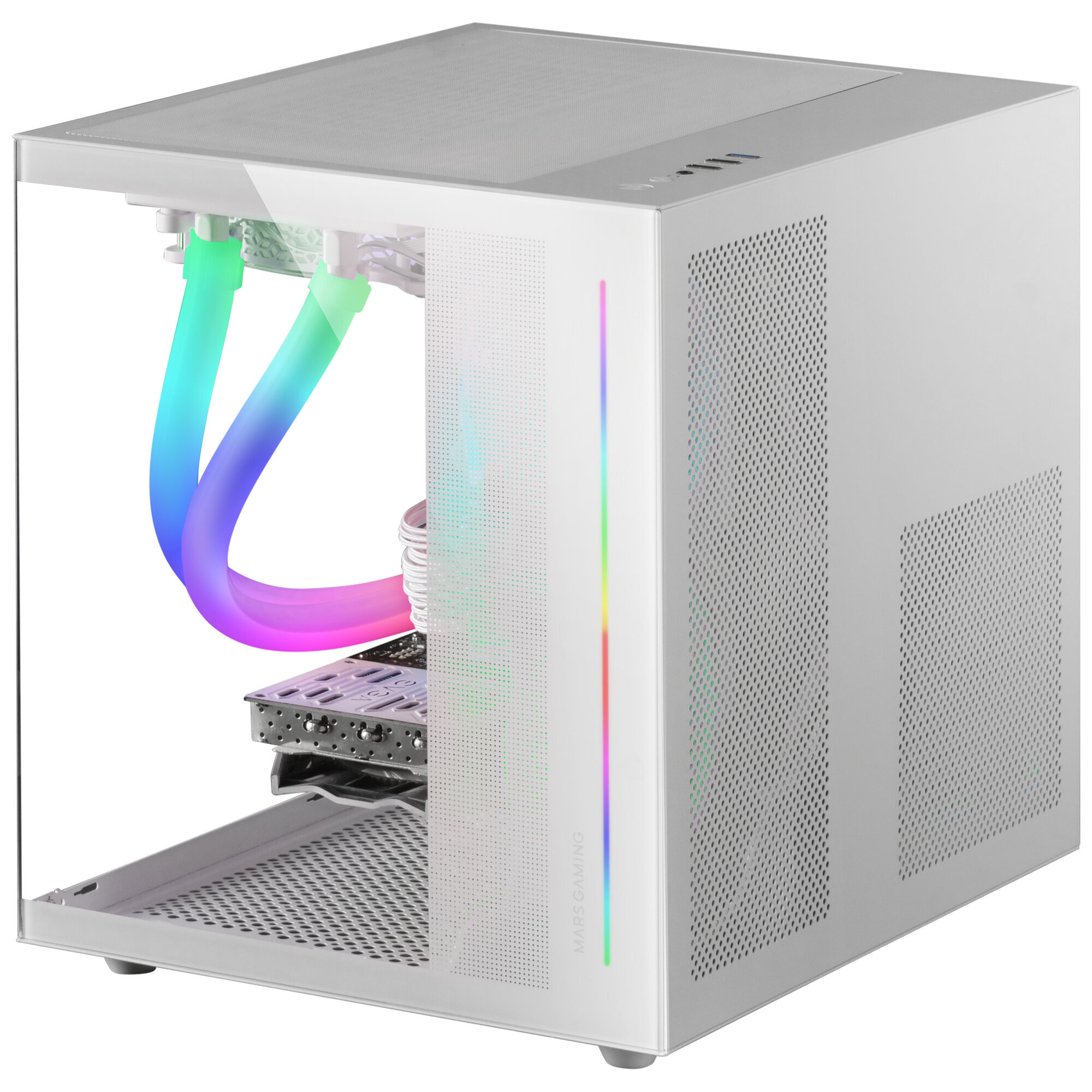 Case per computer bianco con pannello laterale in vetro, che mostra componenti interni e raffreddamento a liquido.