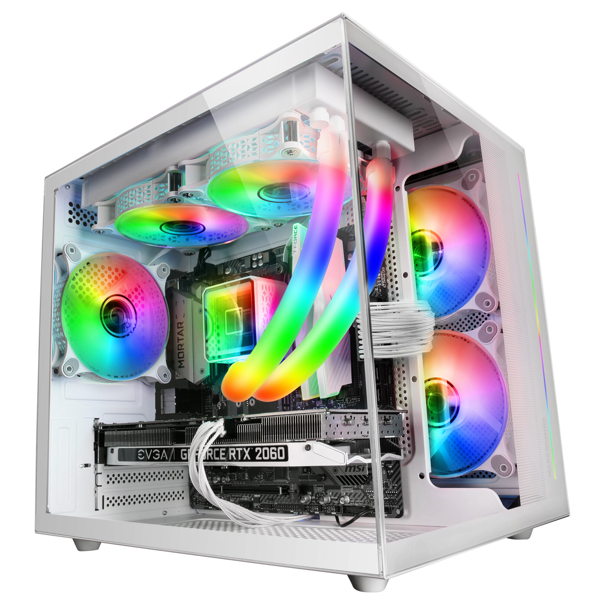 Case PC bianco con ventole LED colorate e componenti interni visibili attraverso il vetro.