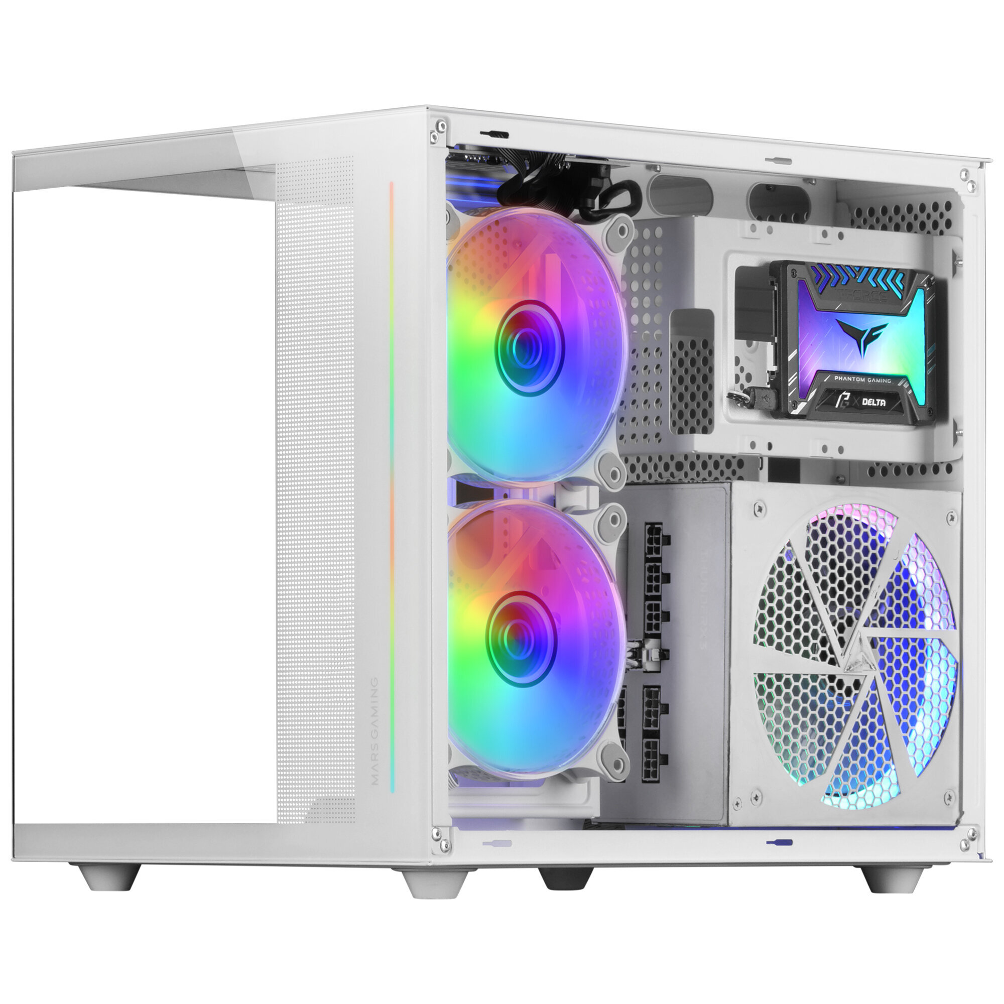 Un case del computer bianco con lato aperto. Ha ventole con luci colorate, una scheda madre e componenti.