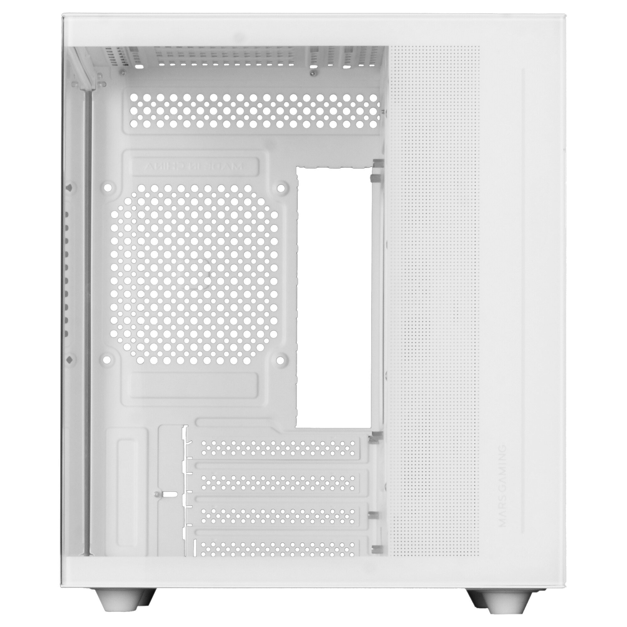 Un interno di un case per computer bianco vuoto con un pannello laterale trasparente, aperto per i componenti.
