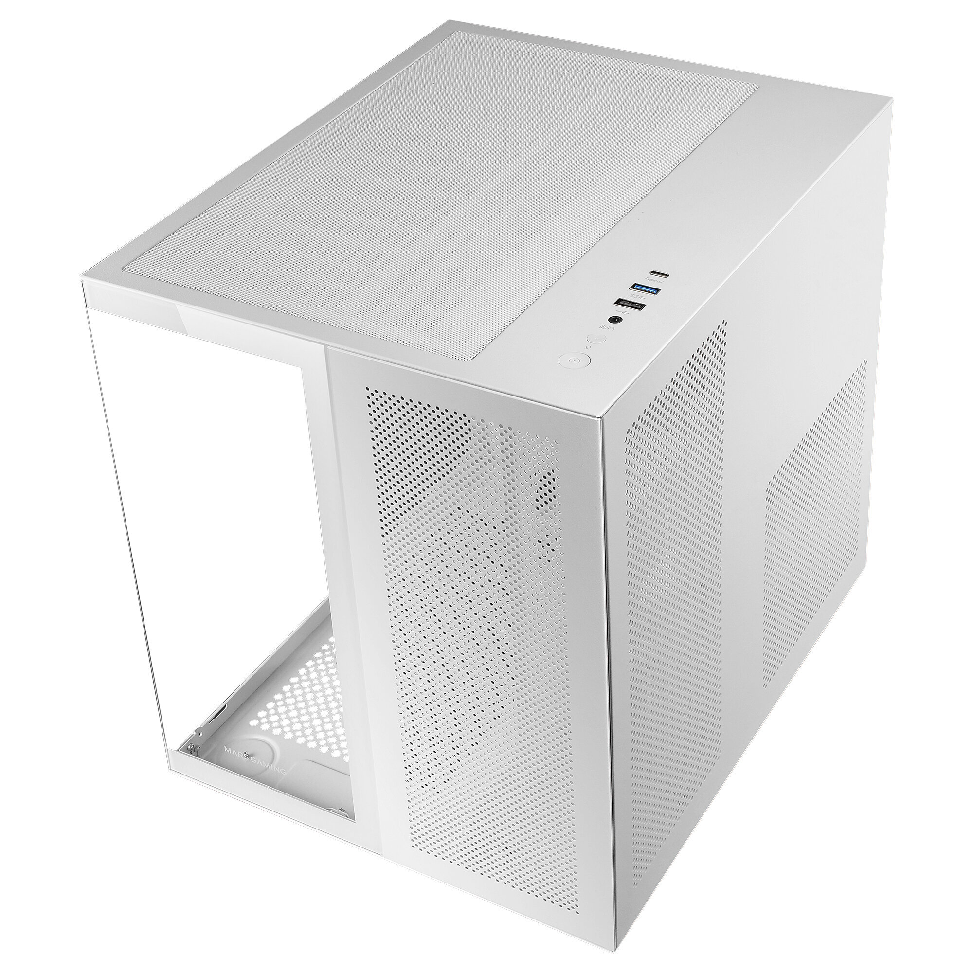 Biała obudowa PC, widok z góry. Z górą z siatki, portami USB i przezroczystym panelem bocznym.