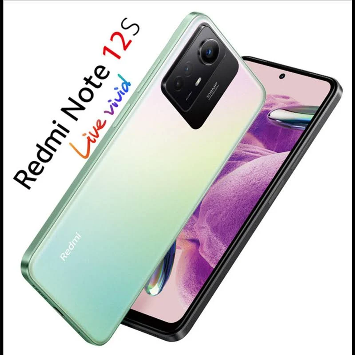 Grünes Smartphone, Rückansicht, mit Redmi Note 12S Branding und großem Kameramodul.