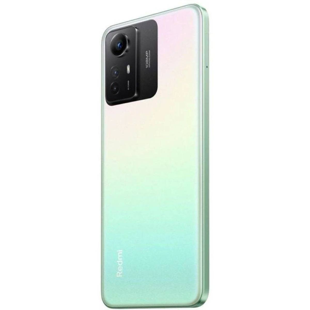 Minzgrünes Smartphone, Rückansicht mit Kameralinsen. Weißer Hintergrund.