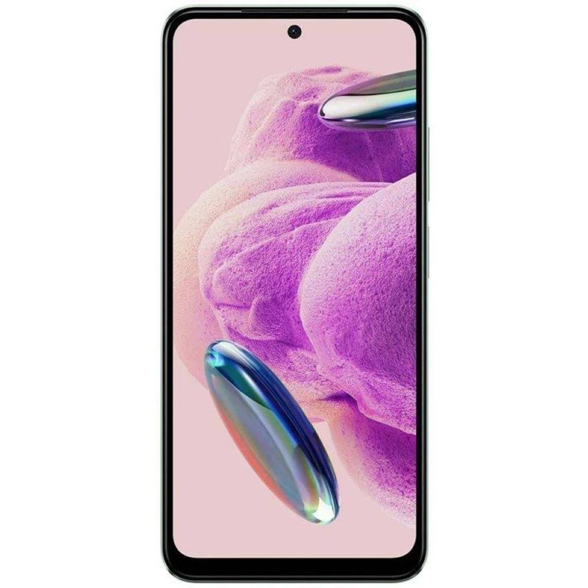 Ein Smartphone mit pinkfarbenem Hintergrund und schwebenden, abstrakten, farbenfrohen Formen.