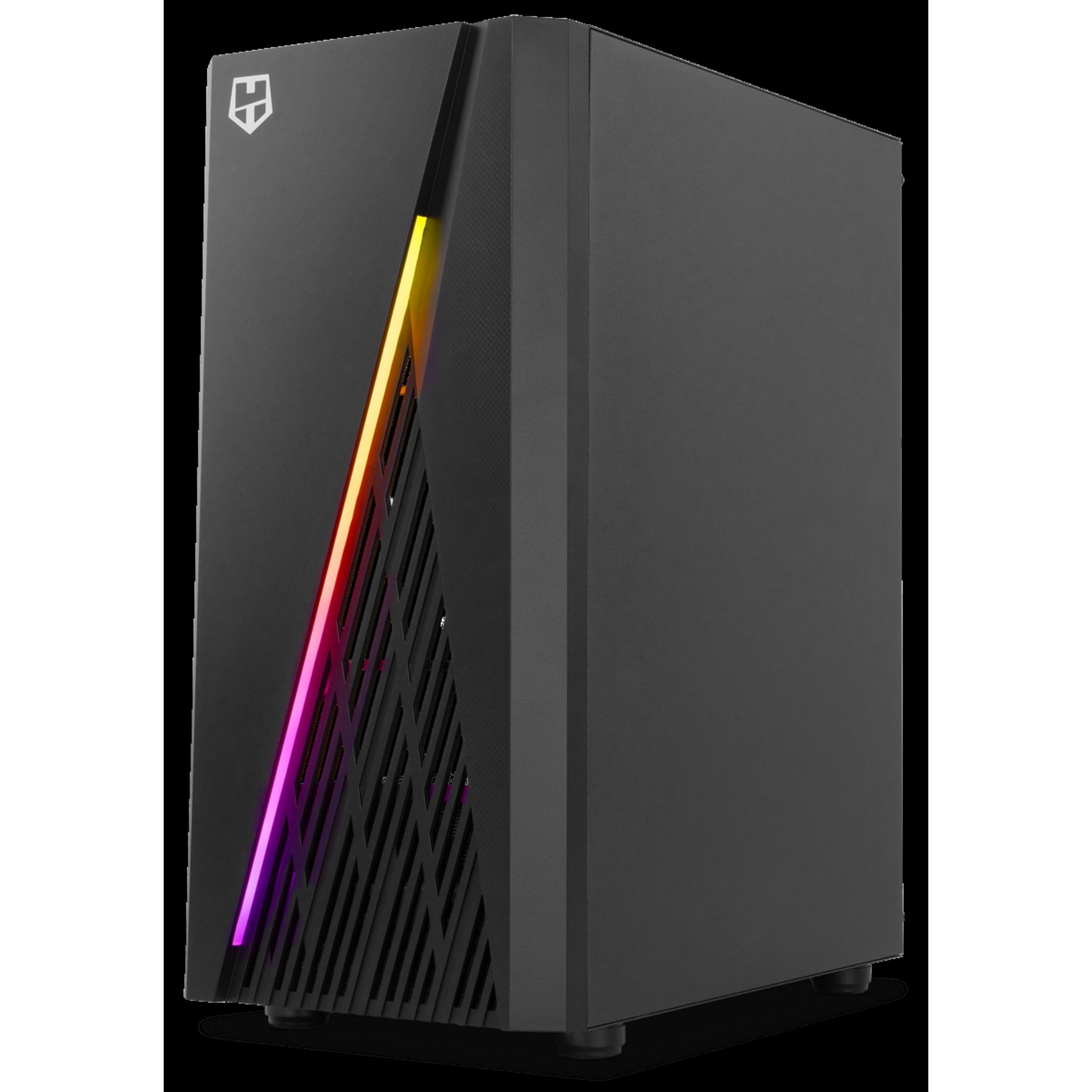 Case PC nero con luci LED colorate. Un logo si trova nell'angolo in alto a sinistra.